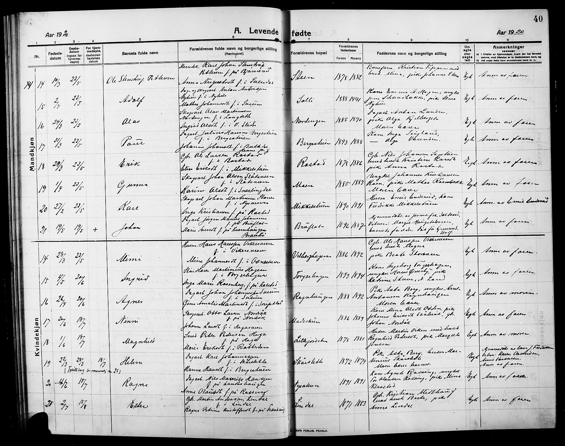 Søndre Land prestekontor, AV/SAH-PREST-122/L/L0006: Parish register (copy) no. 6, 1912-1925, p. 40