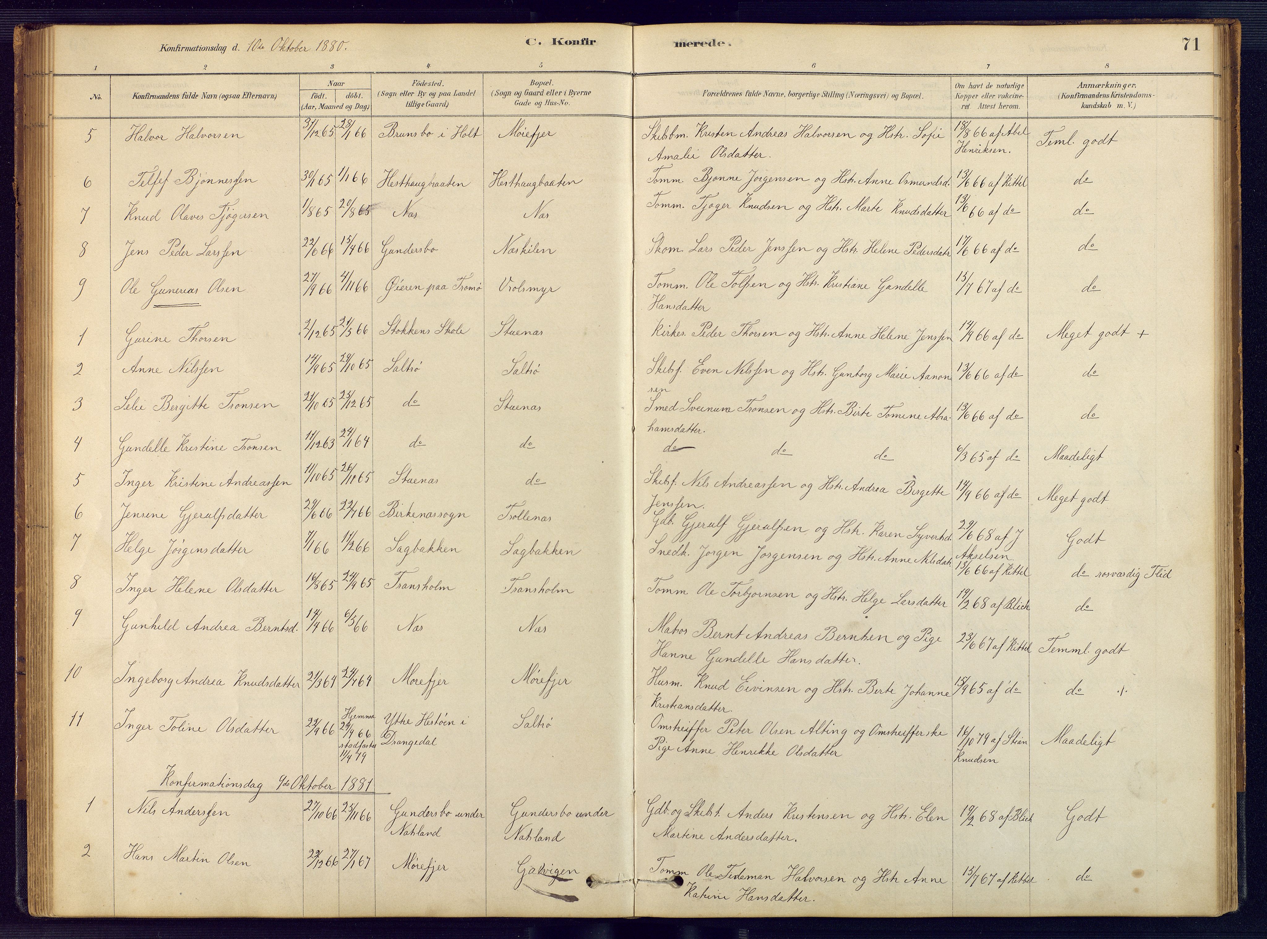 Austre Moland sokneprestkontor, AV/SAK-1111-0001/F/Fb/Fbb/L0001: Parish register (copy) no. B 1, 1878-1904, p. 71