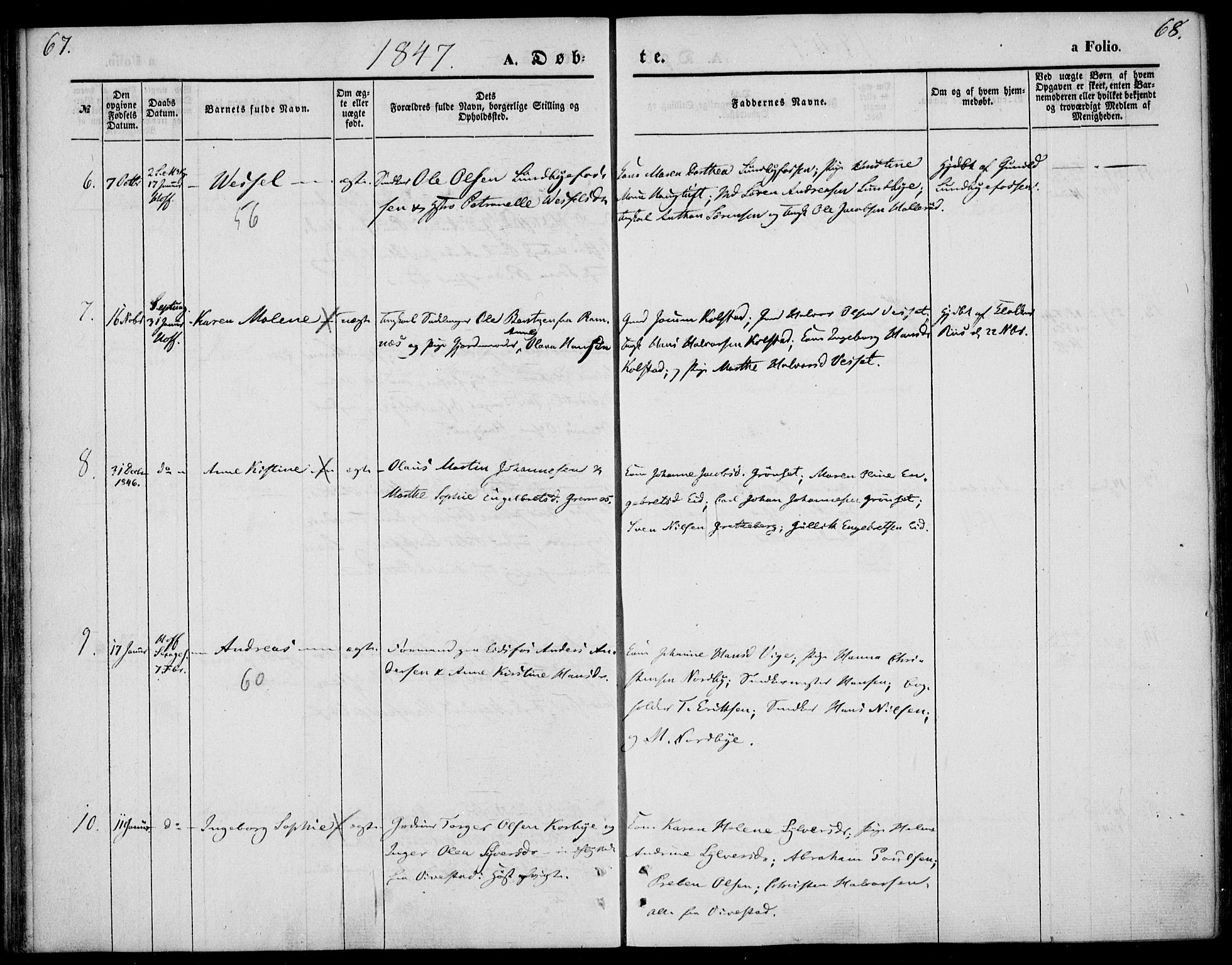 Hof kirkebøker, AV/SAKO-A-64/F/Fa/L0005: Parish register (official) no. I 5, 1844-1851, p. 67-68