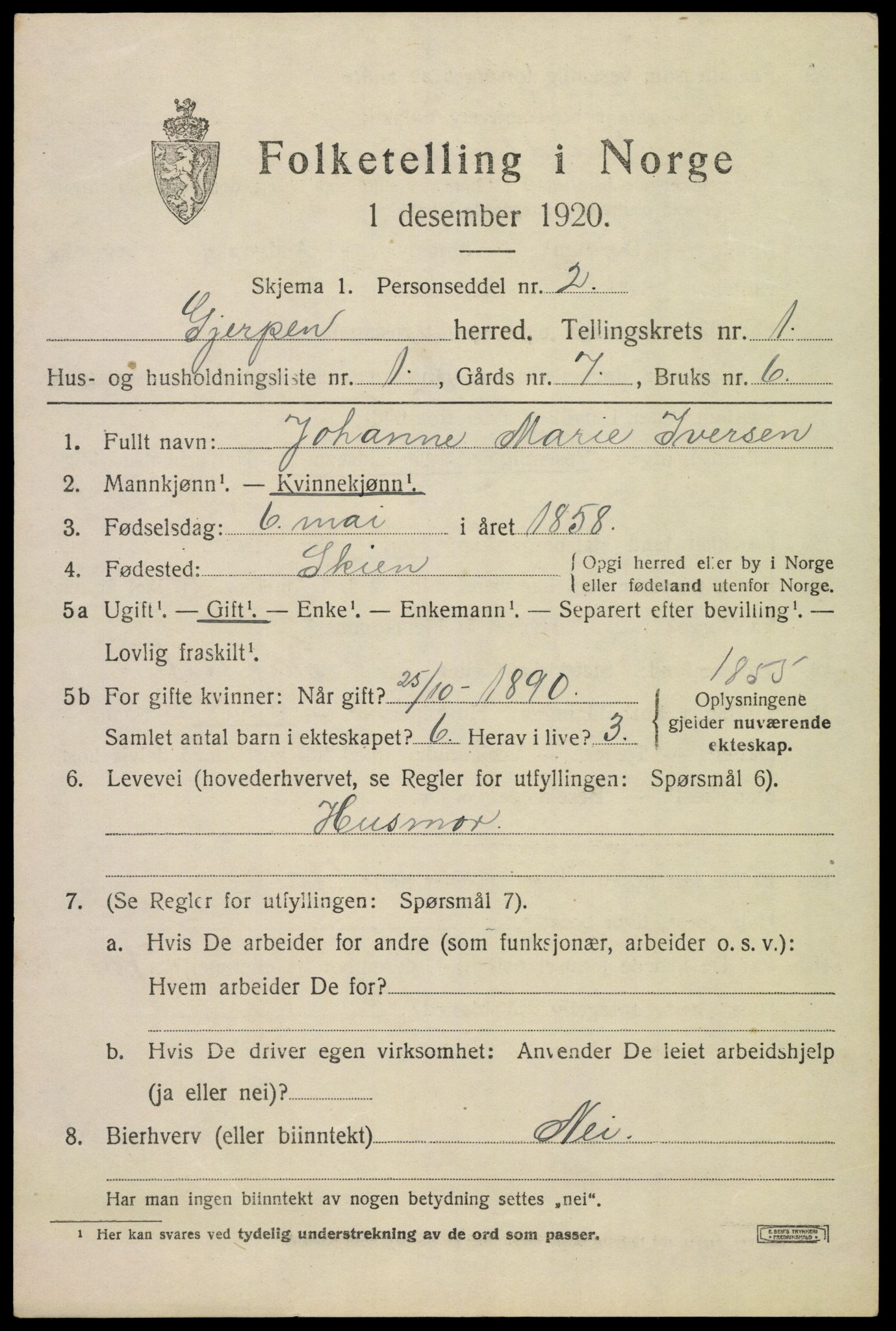 SAKO, 1920 census for Gjerpen, 1920, p. 2694