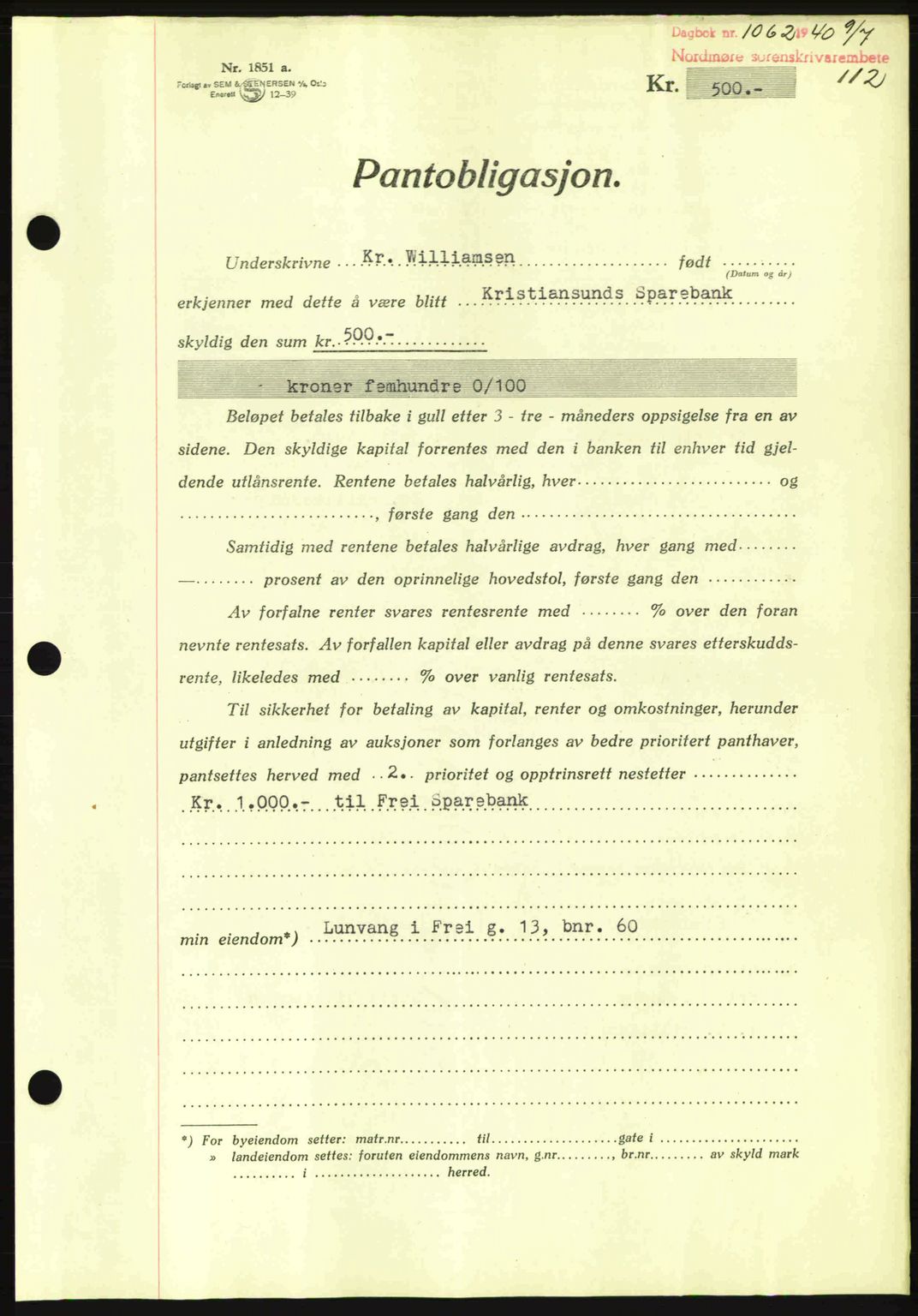 Nordmøre sorenskriveri, AV/SAT-A-4132/1/2/2Ca: Mortgage book no. B87, 1940-1941, Diary no: : 1062/1940