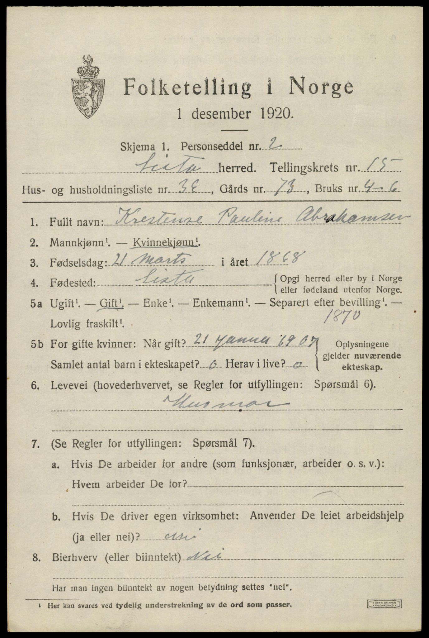 SAK, 1920 census for Lista, 1920, p. 12897