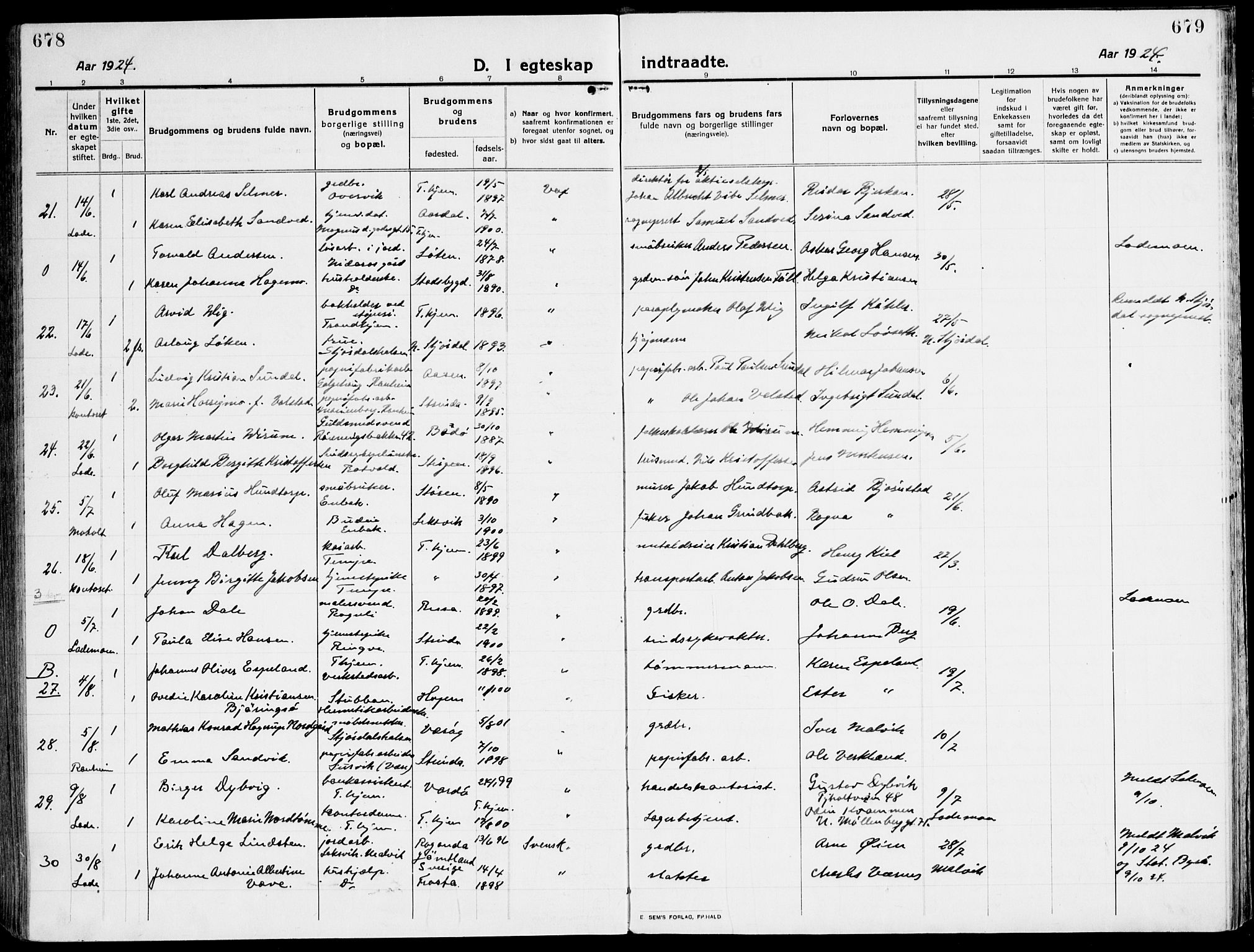 Ministerialprotokoller, klokkerbøker og fødselsregistre - Sør-Trøndelag, SAT/A-1456/607/L0321: Parish register (official) no. 607A05, 1916-1935, p. 678-679