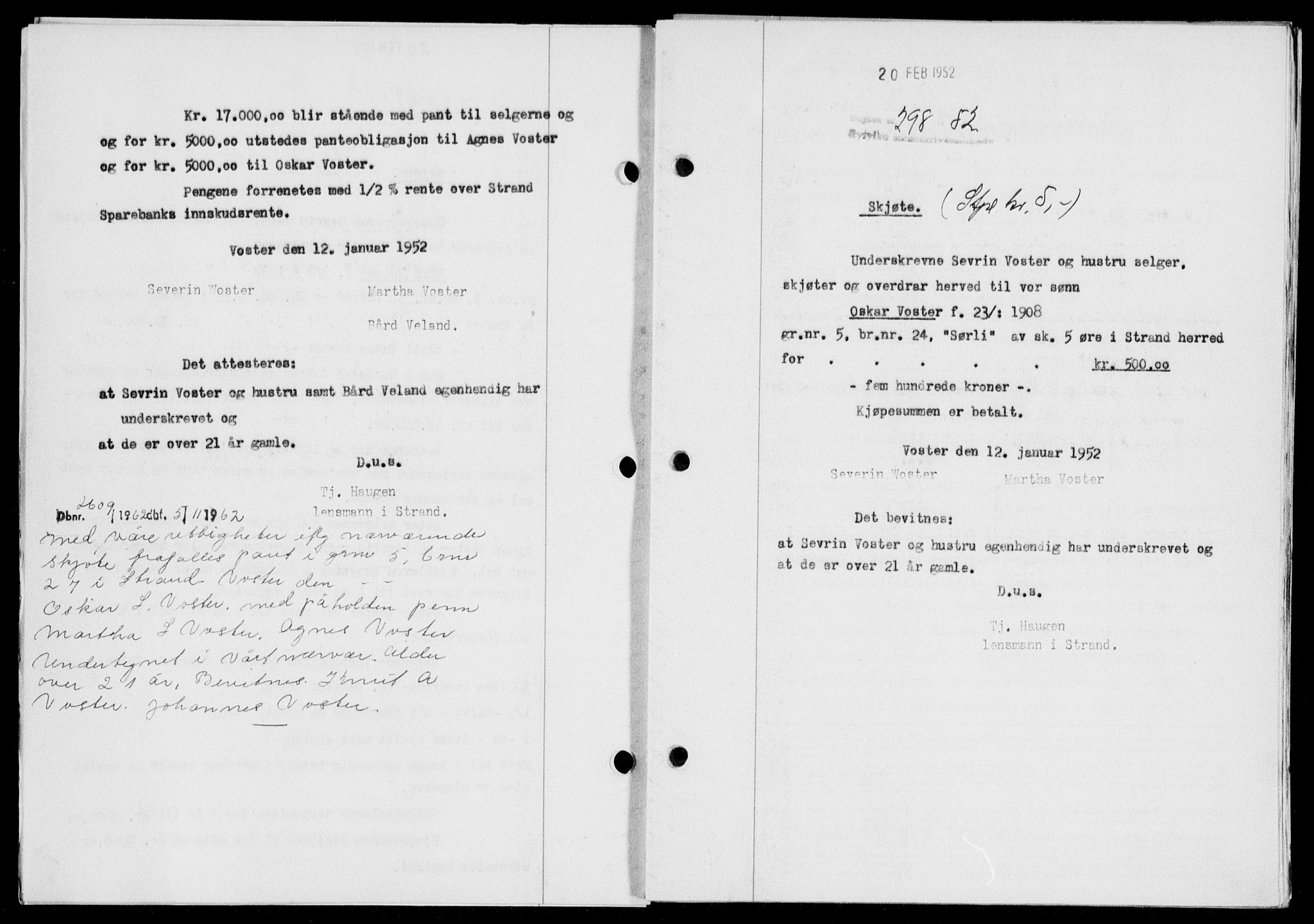 Ryfylke tingrett, AV/SAST-A-100055/001/II/IIB/L0116: Mortgage book no. 95, 1951-1952, Diary no: : 298/1952