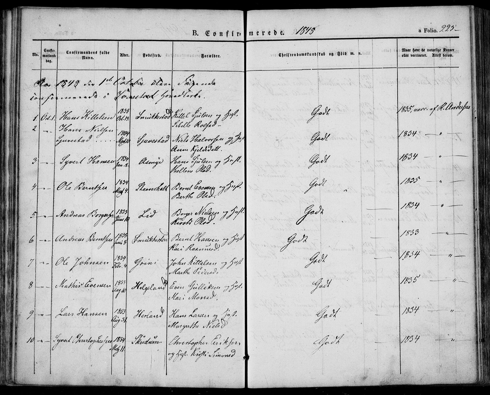 Lardal kirkebøker, SAKO/A-350/F/Fa/L0006: Parish register (official) no. I 6, 1835-1860, p. 225