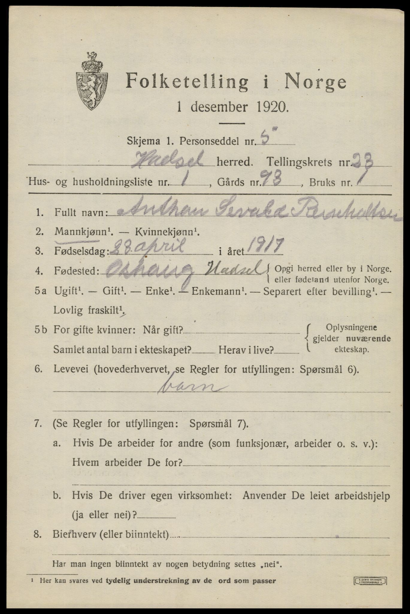 SAT, 1920 census for Hadsel, 1920, p. 20504