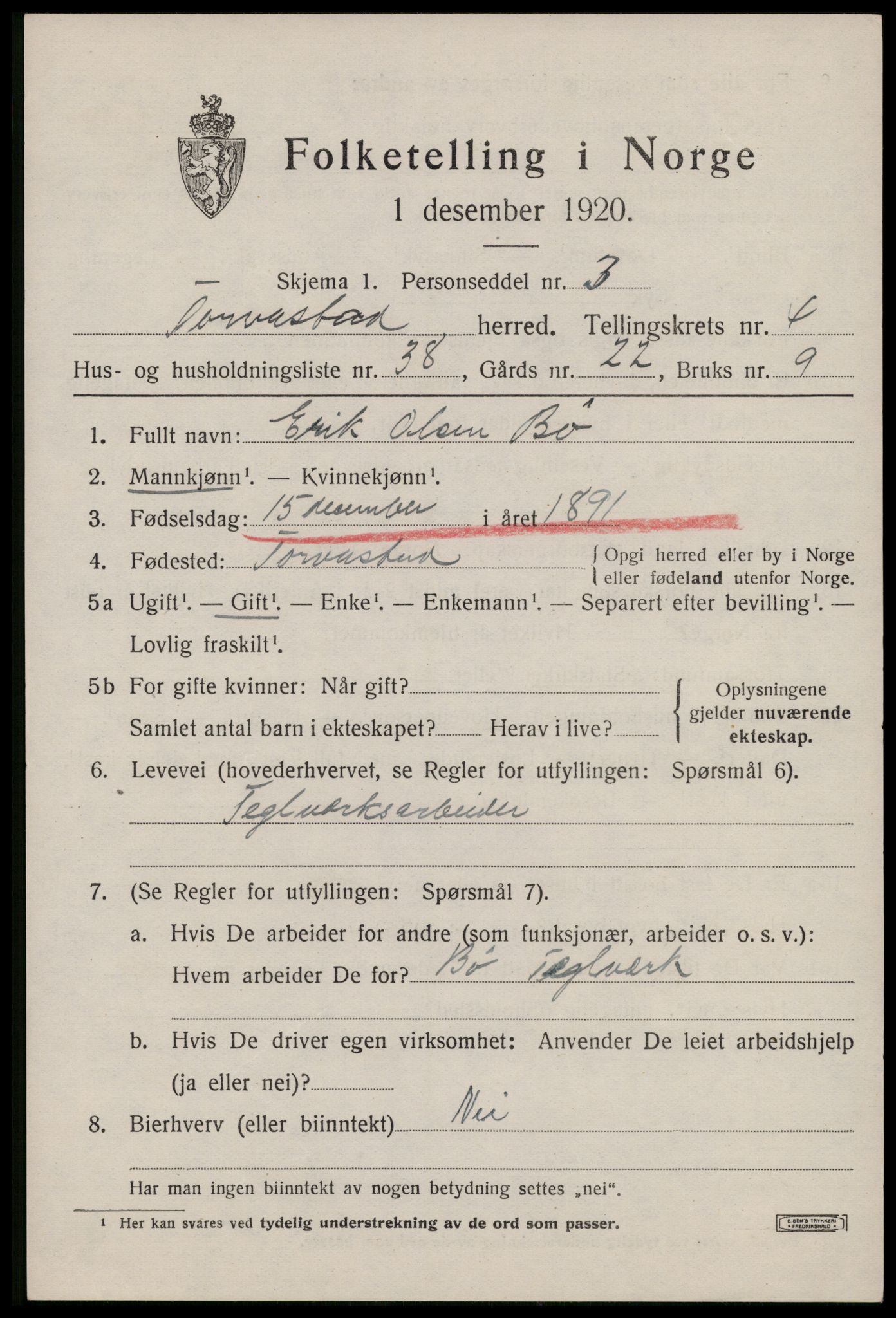 SAST, 1920 census for Torvastad, 1920, p. 4036