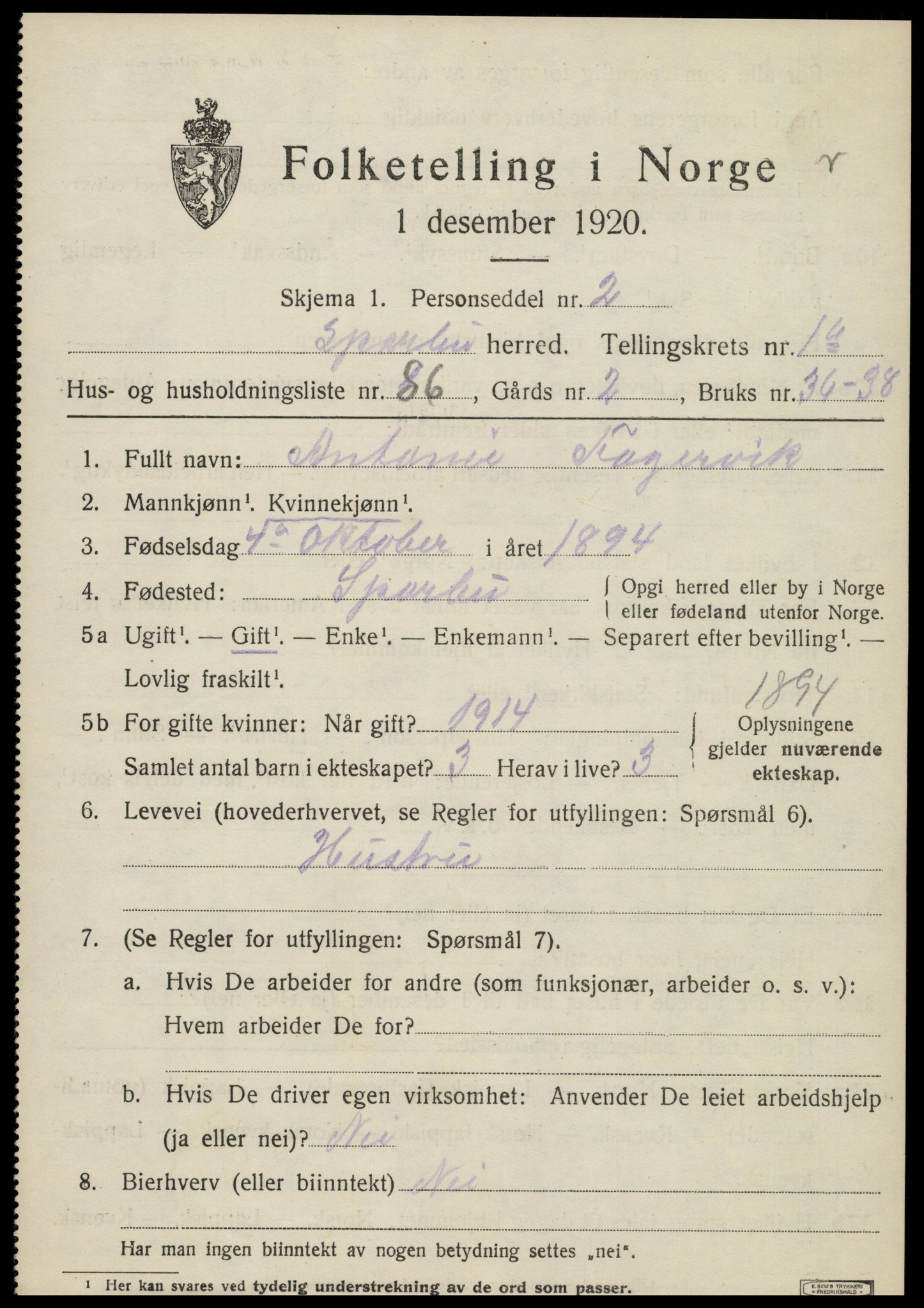 SAT, 1920 census for Sparbu, 1920, p. 3199