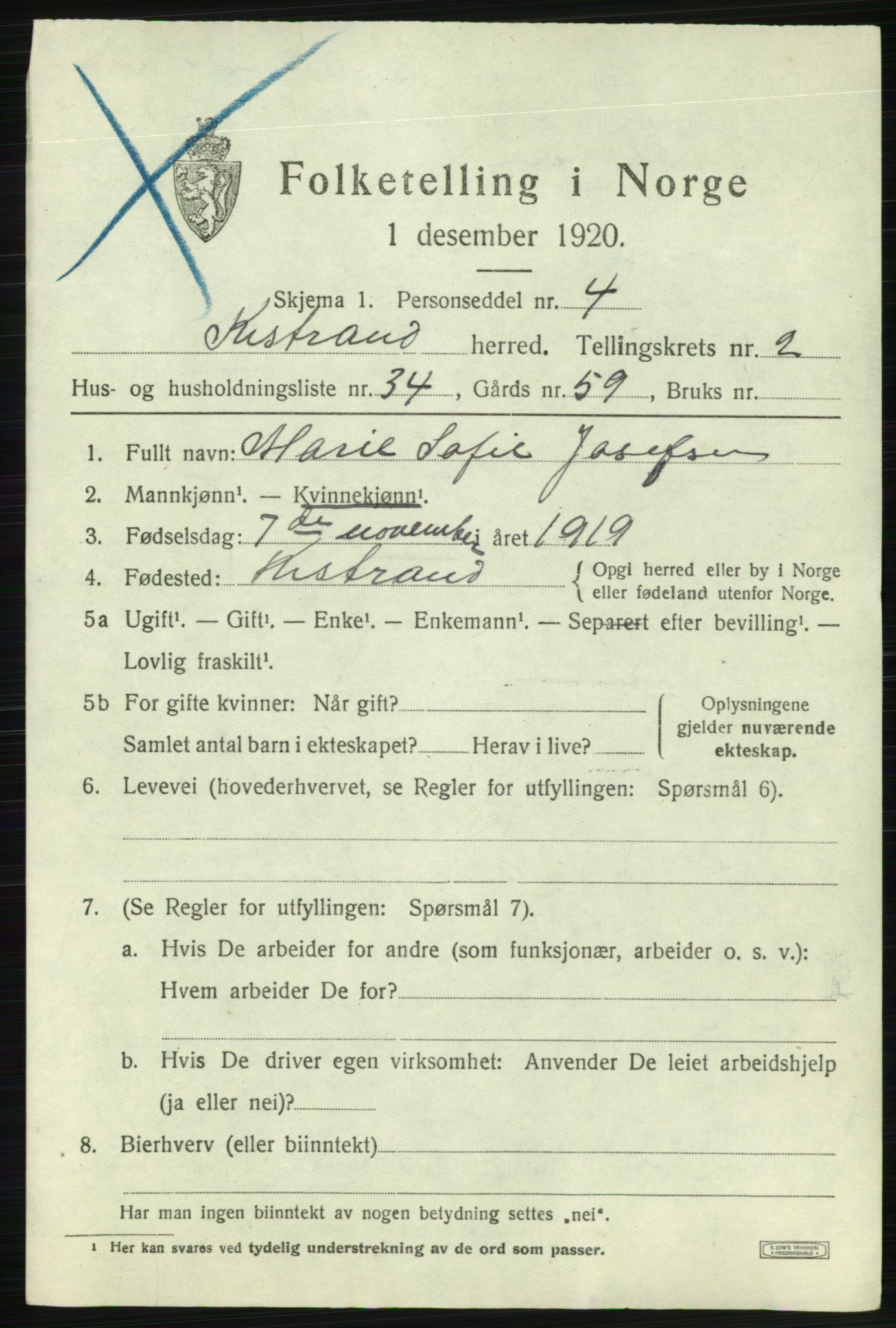 SATØ, 1920 census for Kistrand, 1920, p. 1844