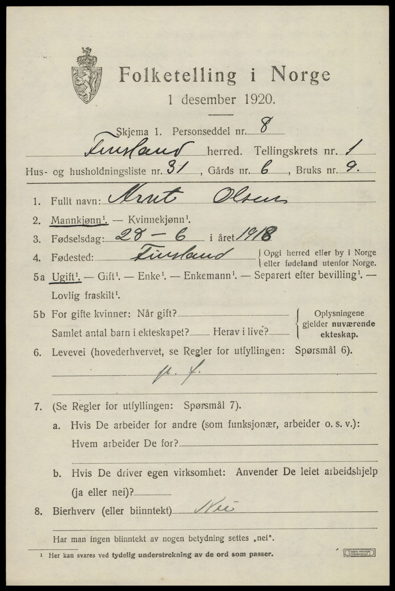 SAK, 1920 census for Finsland, 1920, p. 706