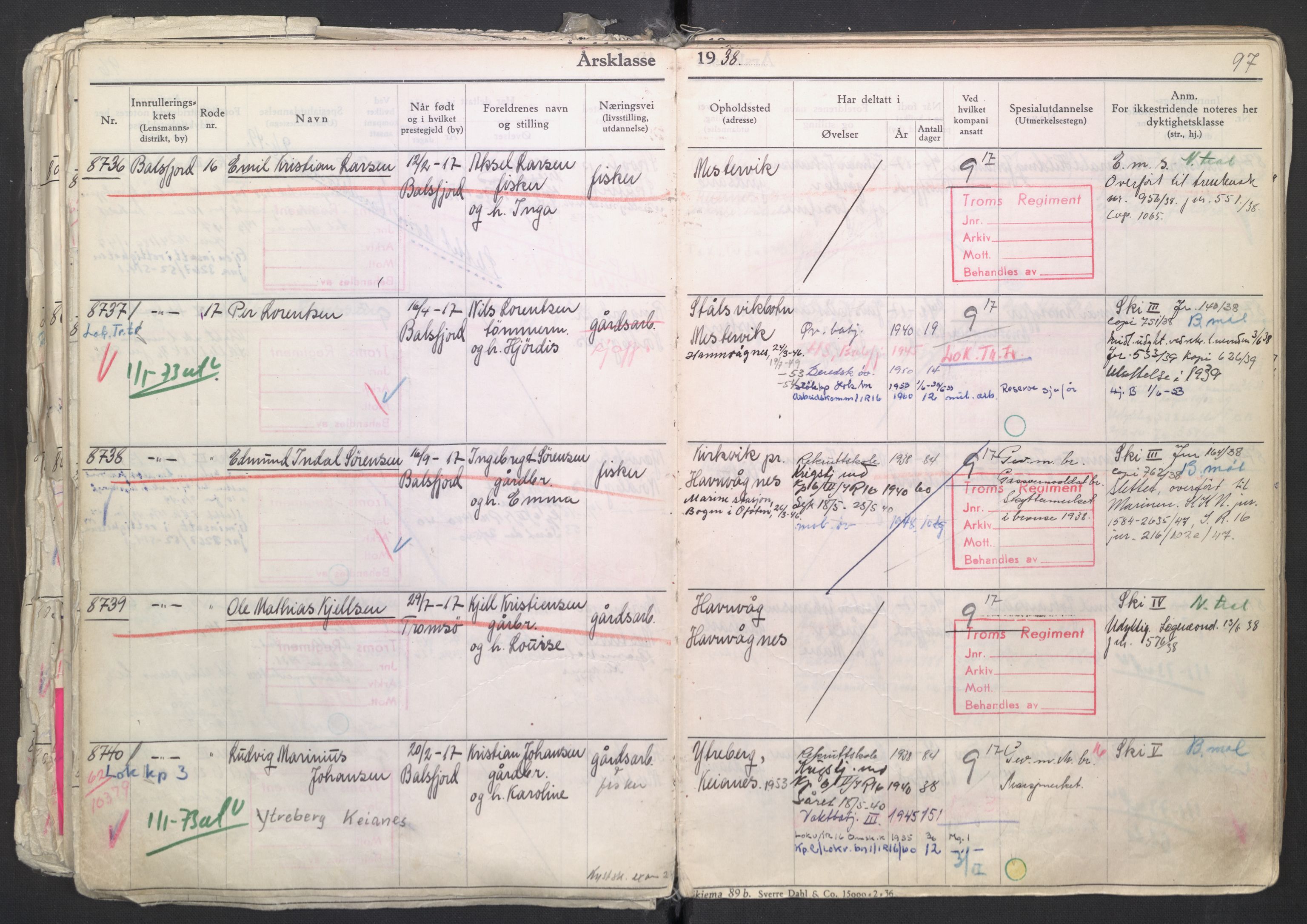 Forsvaret, Troms infanteriregiment nr. 16, AV/RA-RAFA-3146/P/Pa/L0007/0003: Ruller / Rulle for regimentets menige mannskaper, årsklasse 1938, 1938, p. 97