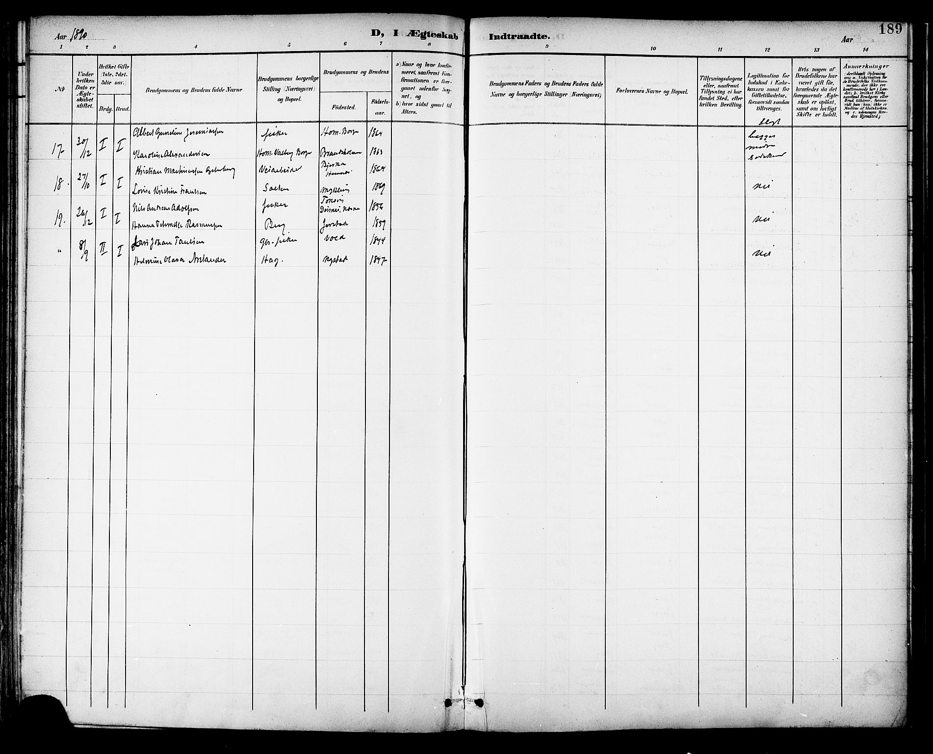 Ministerialprotokoller, klokkerbøker og fødselsregistre - Nordland, AV/SAT-A-1459/882/L1179: Parish register (official) no. 882A01, 1886-1898, p. 189