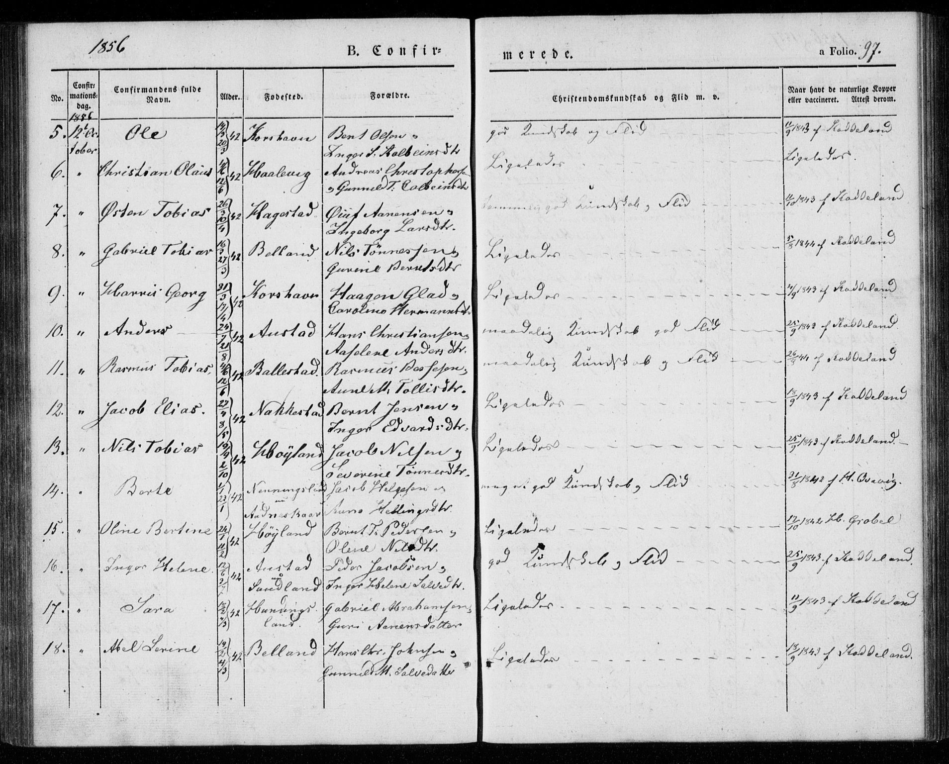 Lyngdal sokneprestkontor, AV/SAK-1111-0029/F/Fa/Faa/L0001: Parish register (official) no. A 1, 1837-1857, p. 97