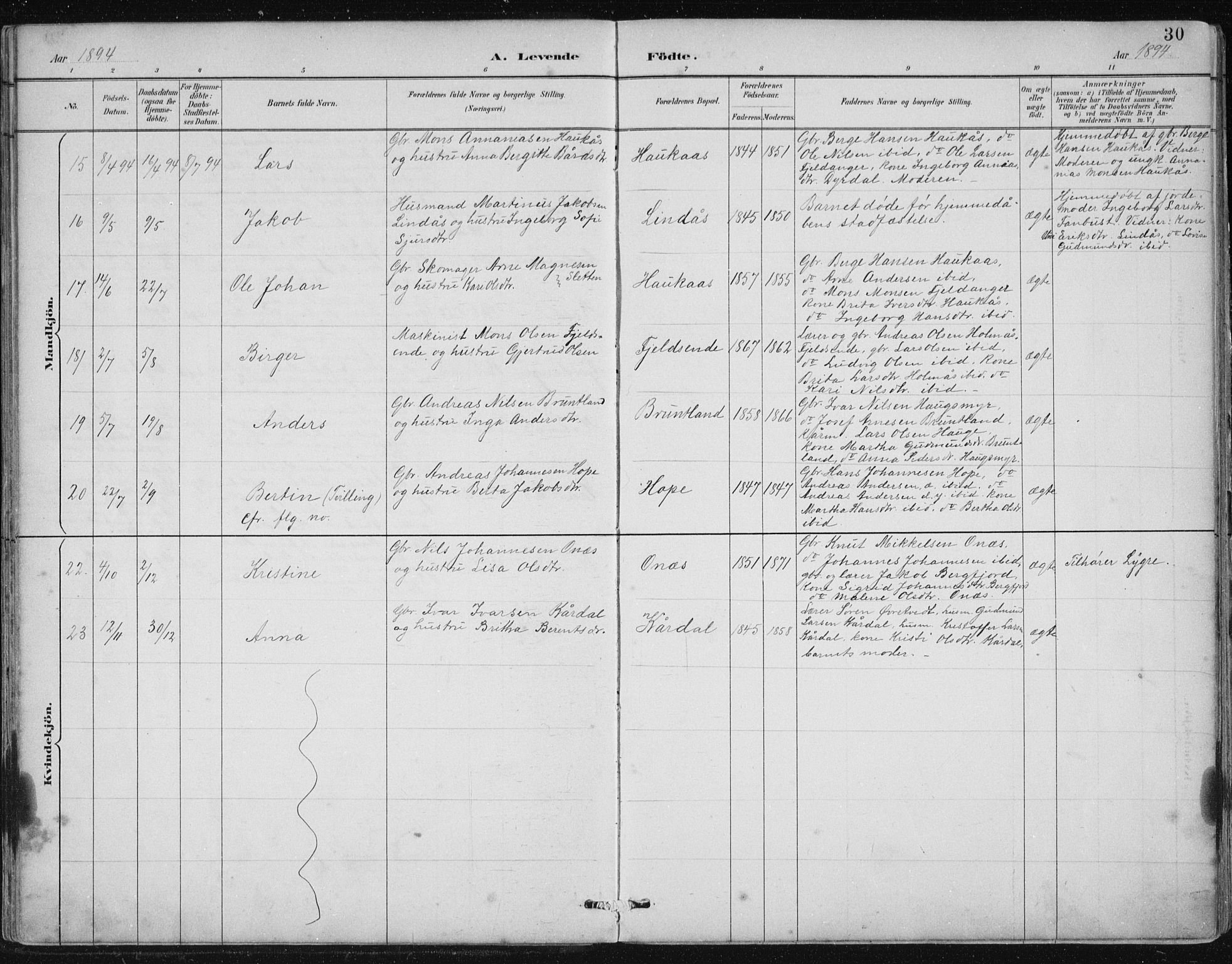 Lindås Sokneprestembete, SAB/A-76701/H/Hab: Parish register (copy) no. B 3, 1886-1914, p. 30