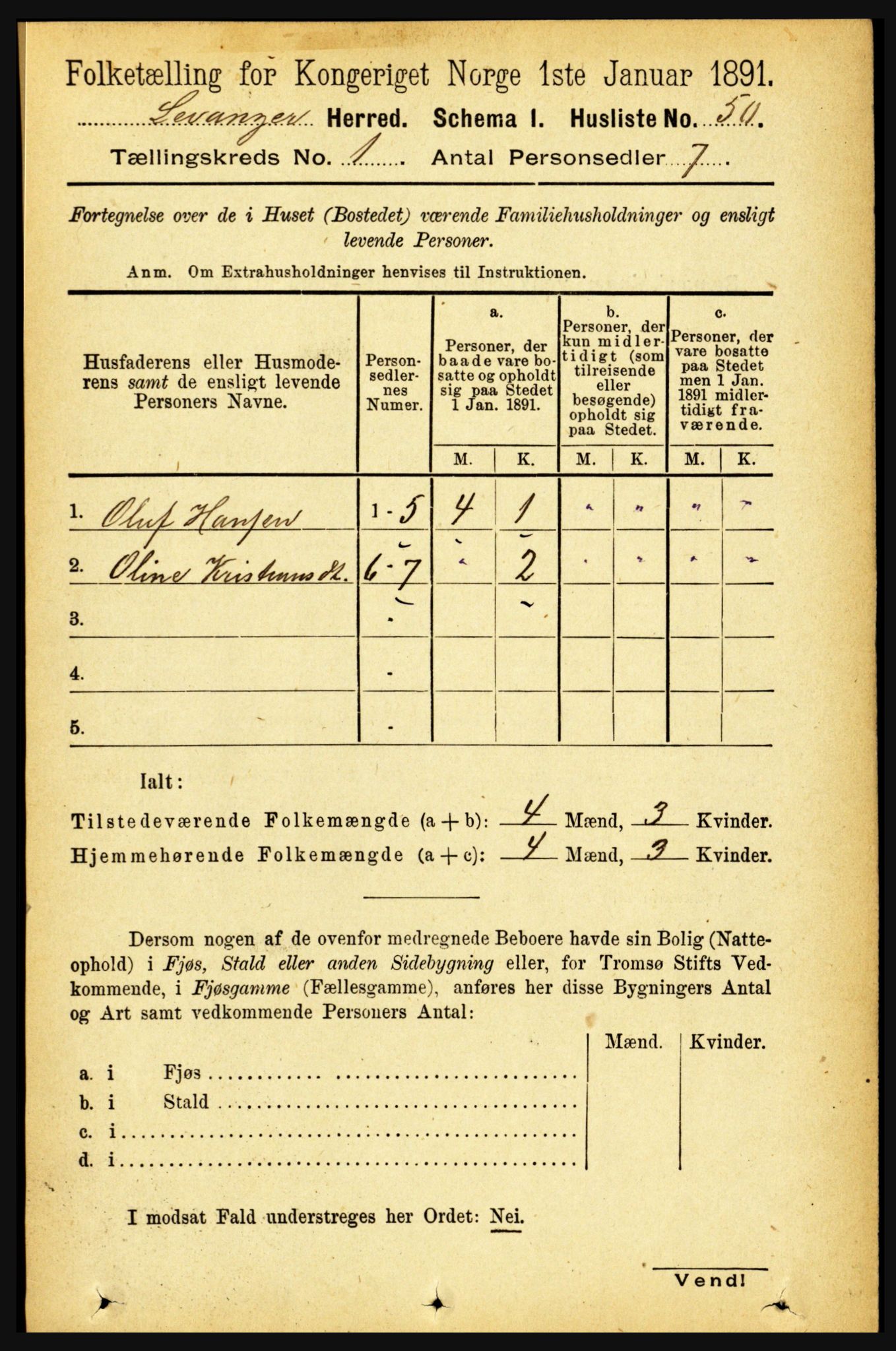 RA, 1891 census for 1720 Levanger, 1891, p. 71