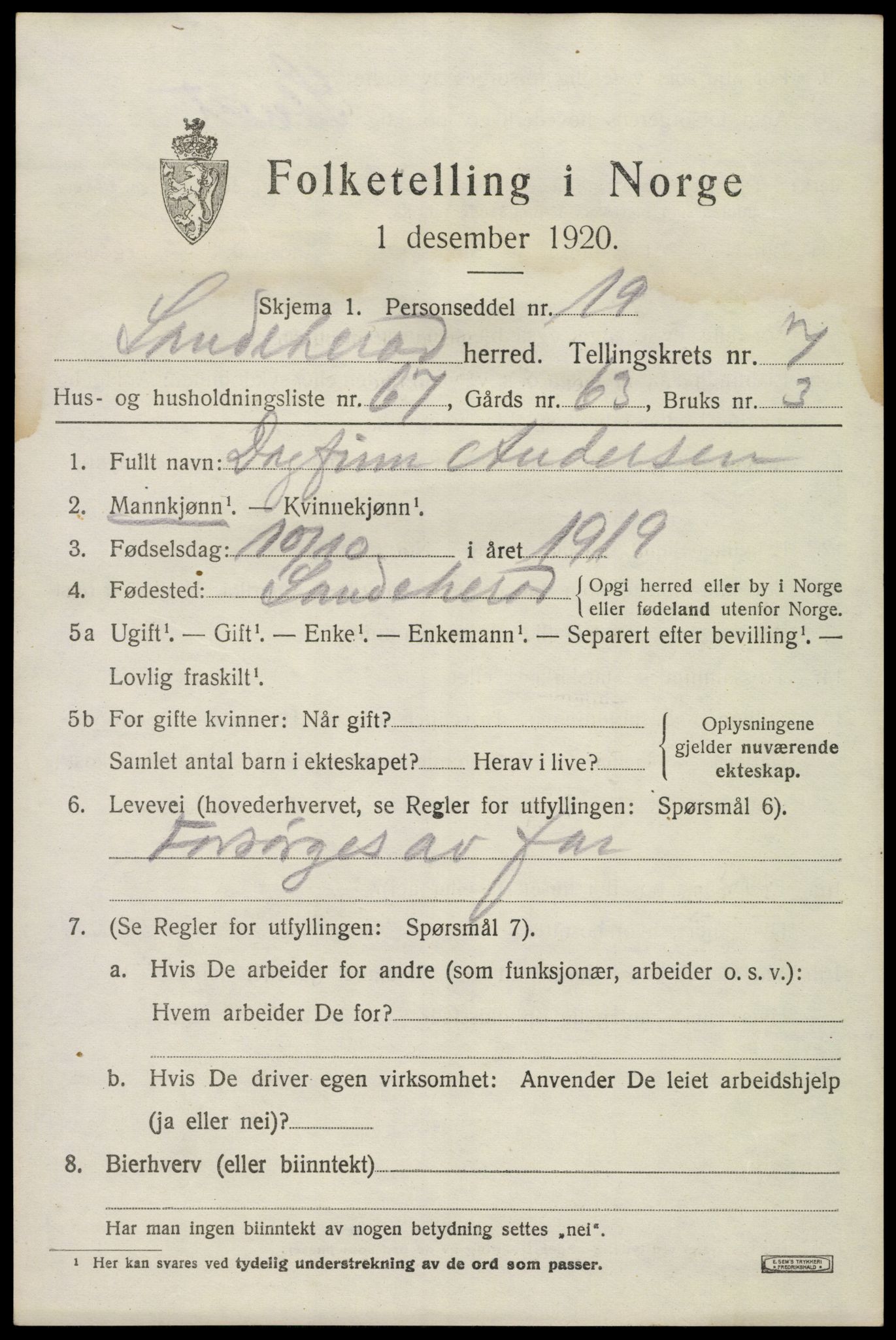 SAKO, 1920 census for Sandeherred, 1920, p. 12712