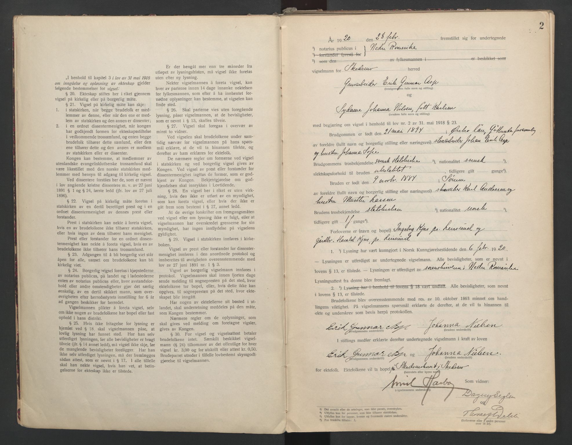 Nedre Romerike sorenskriveri, SAO/A-10469/L/Lb/L0001: Vigselsbok - borgerlige vielser, 1920-1935, p. 2