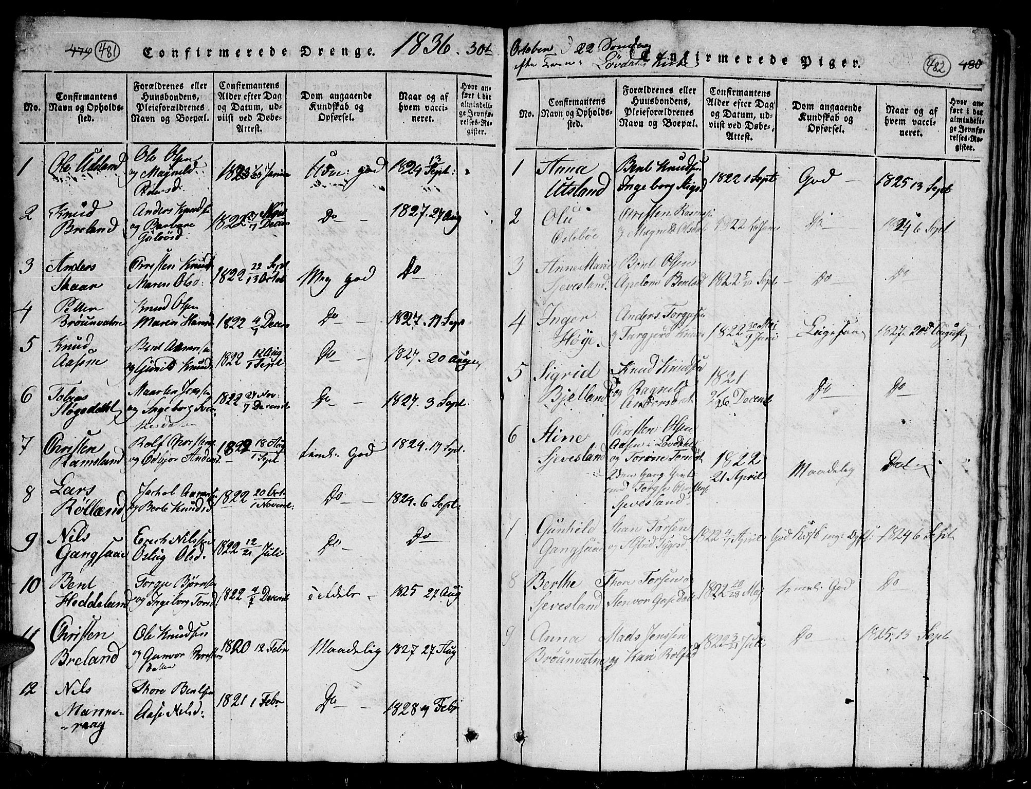 Holum sokneprestkontor, SAK/1111-0022/F/Fb/Fbc/L0001: Parish register (copy) no. B 1, 1820-1859, p. 481-482