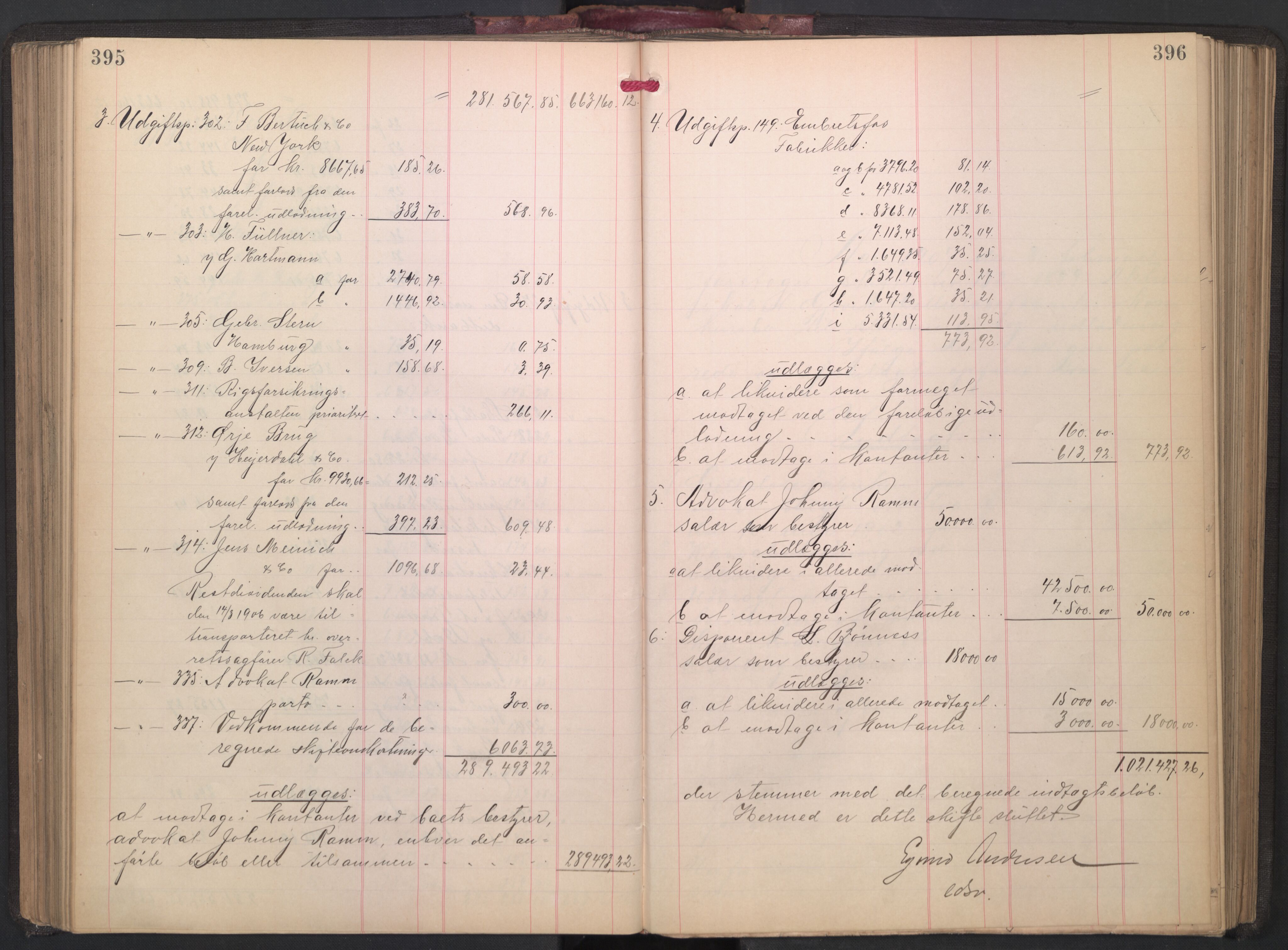 Oslo skifterett, AV/SAO-A-10383/H/Hd/Hdd/L0003: Skifteutlodningsprotokoll for konkursbo, 1904-1908, p. 395-396