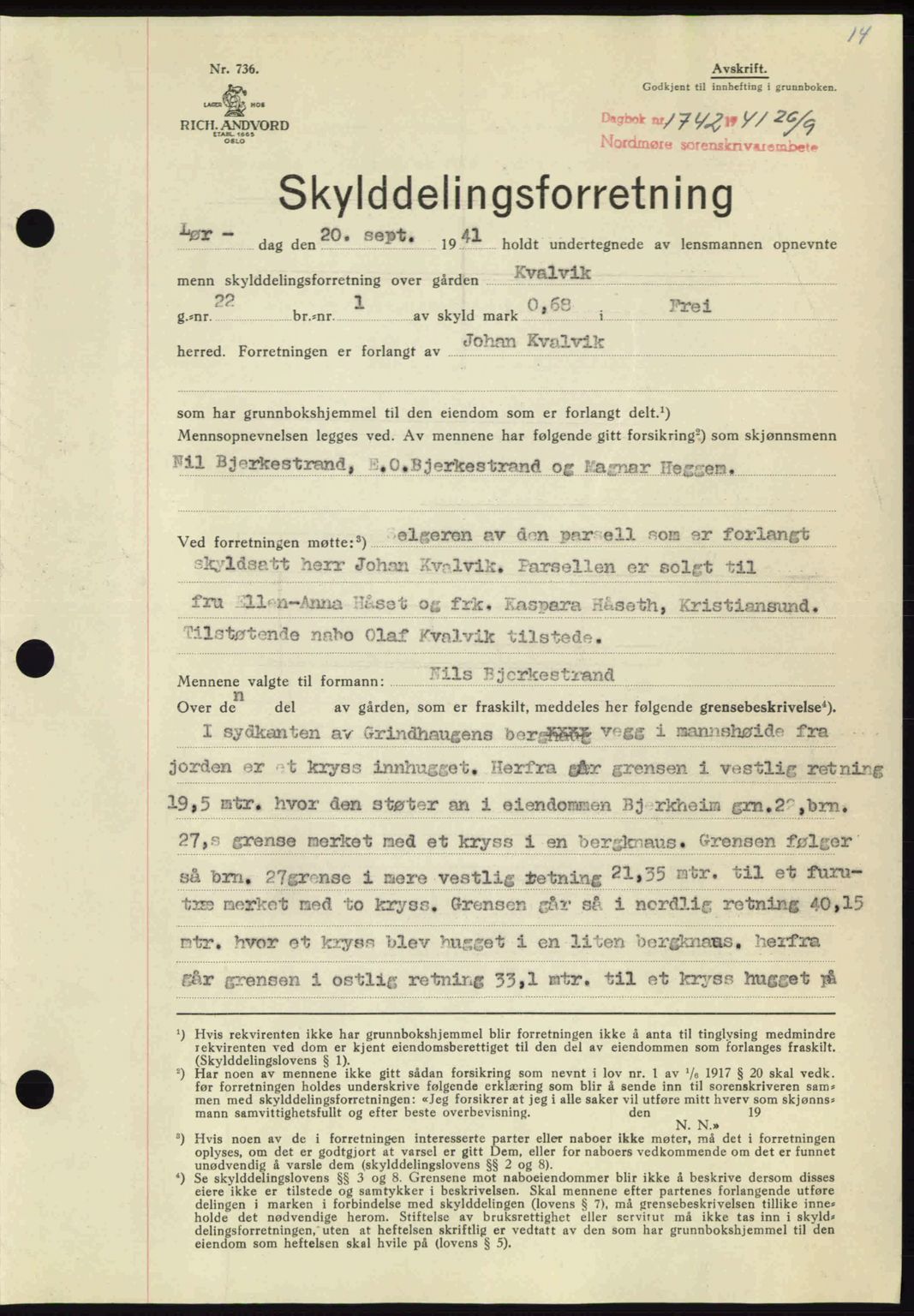 Nordmøre sorenskriveri, AV/SAT-A-4132/1/2/2Ca: Mortgage book no. A91, 1941-1942, Diary no: : 1742/1941