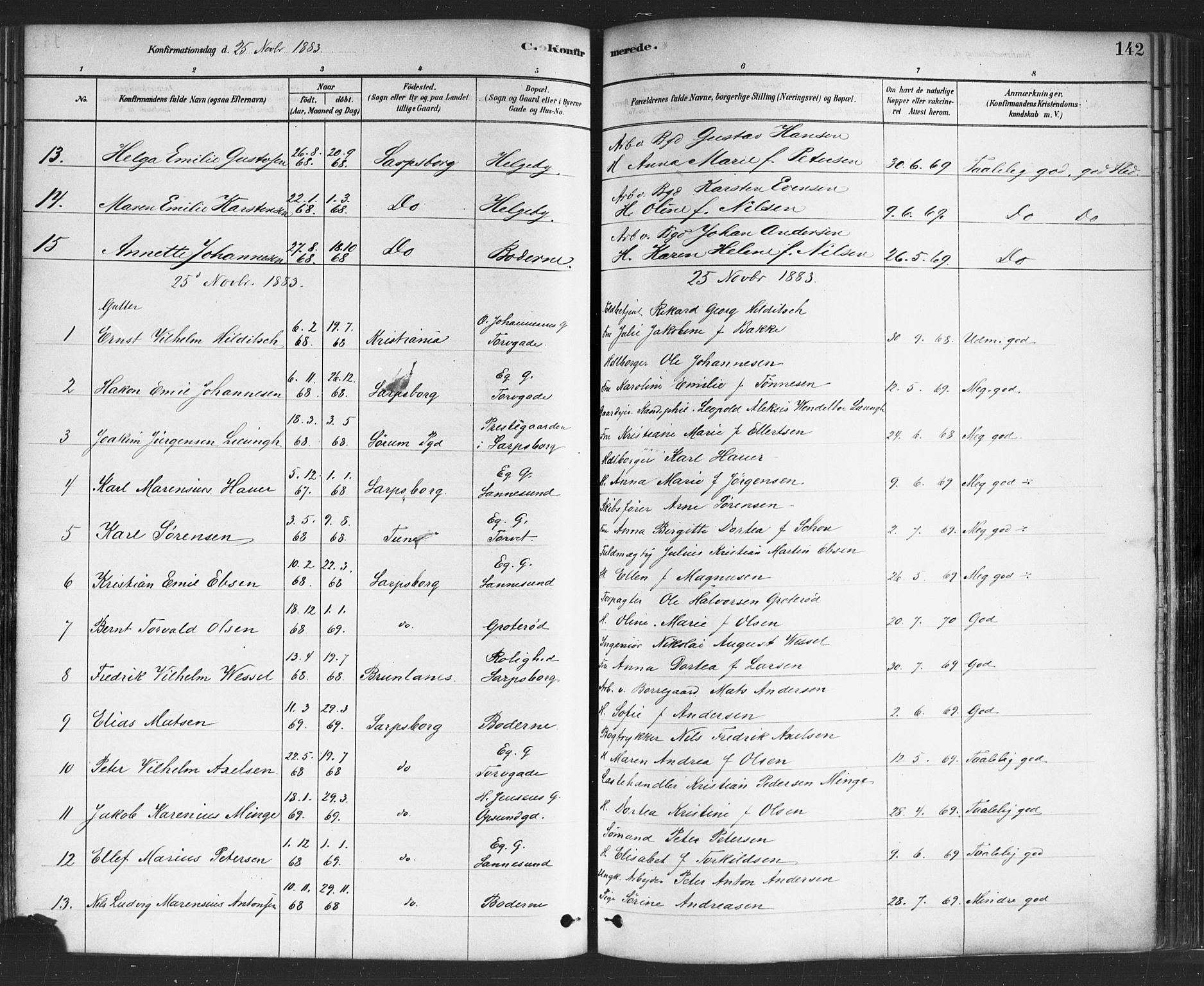 Sarpsborg prestekontor Kirkebøker, SAO/A-2006/F/Fa/L0003: Parish register (official) no. 3, 1878-1891, p. 142
