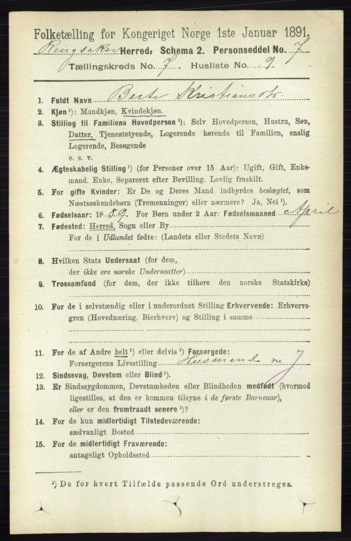 RA, 1891 census for 0412 Ringsaker, 1891, p. 3937