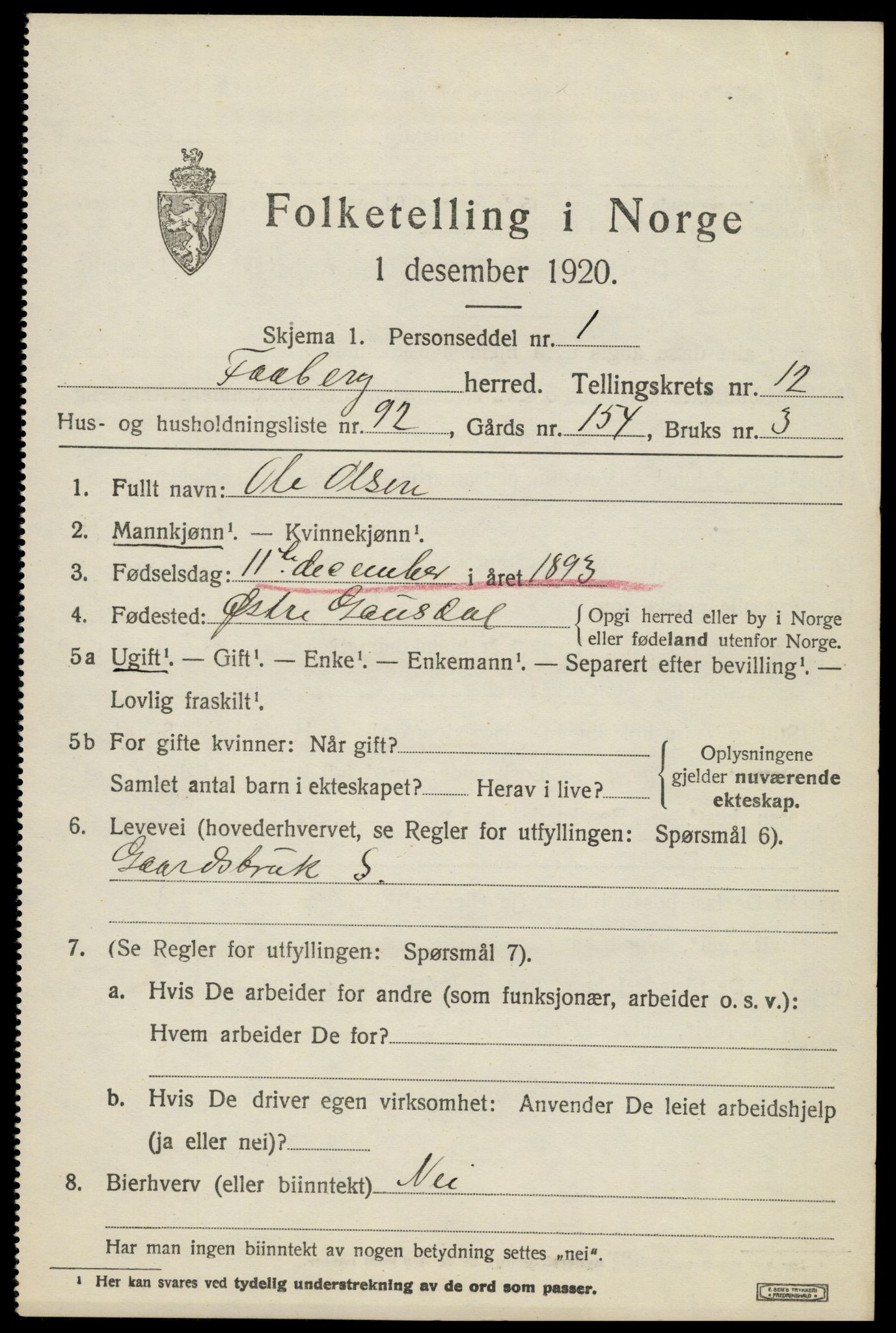 SAH, 1920 census for Fåberg, 1920, p. 13862