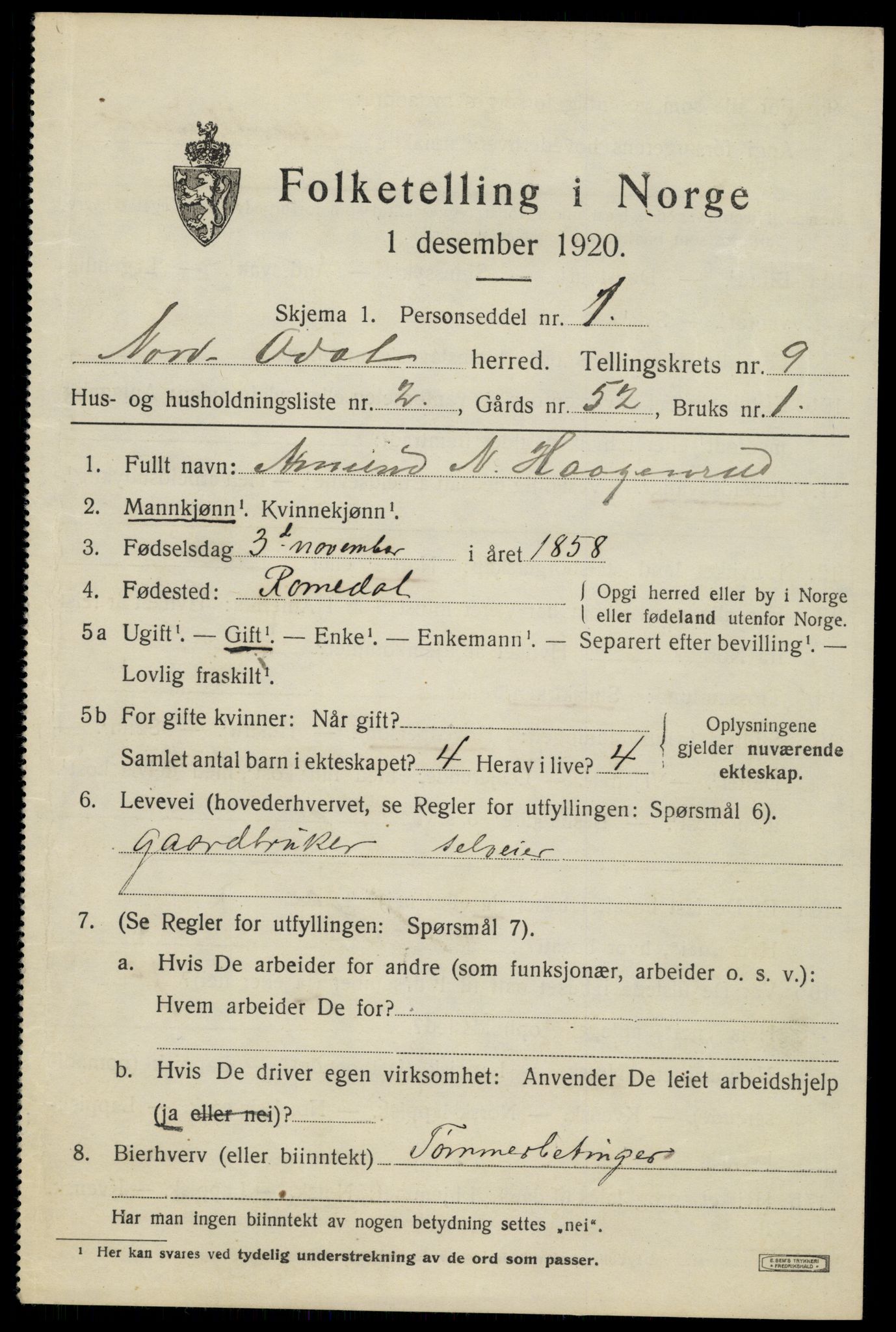 SAH, 1920 census for Nord-Odal, 1920, p. 9579