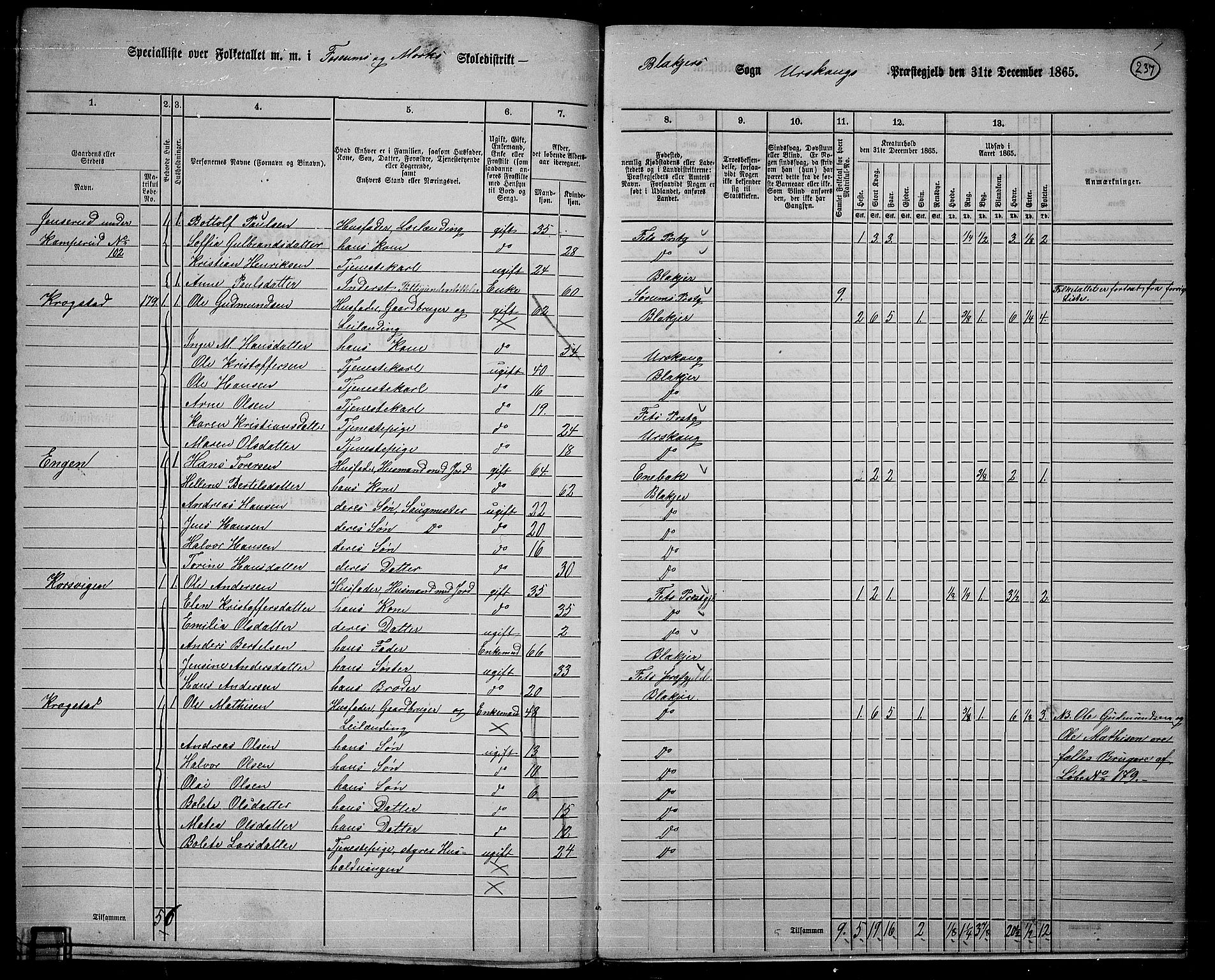 RA, 1865 census for Aurskog, 1865, p. 215