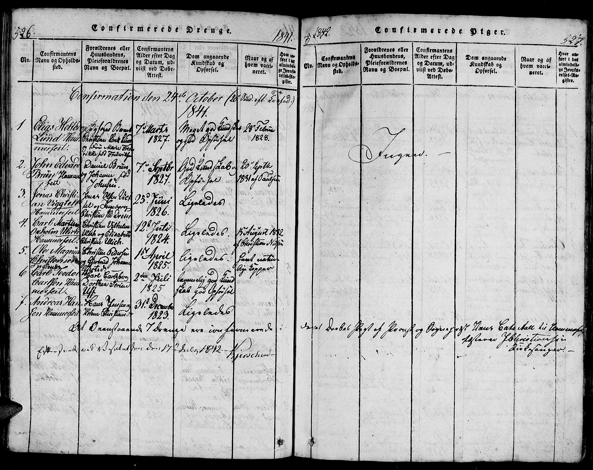 Hammerfest sokneprestkontor, SATØ/S-1347/H/Hb/L0001.klokk: Parish register (copy) no. 1, 1822-1850, p. 526-527