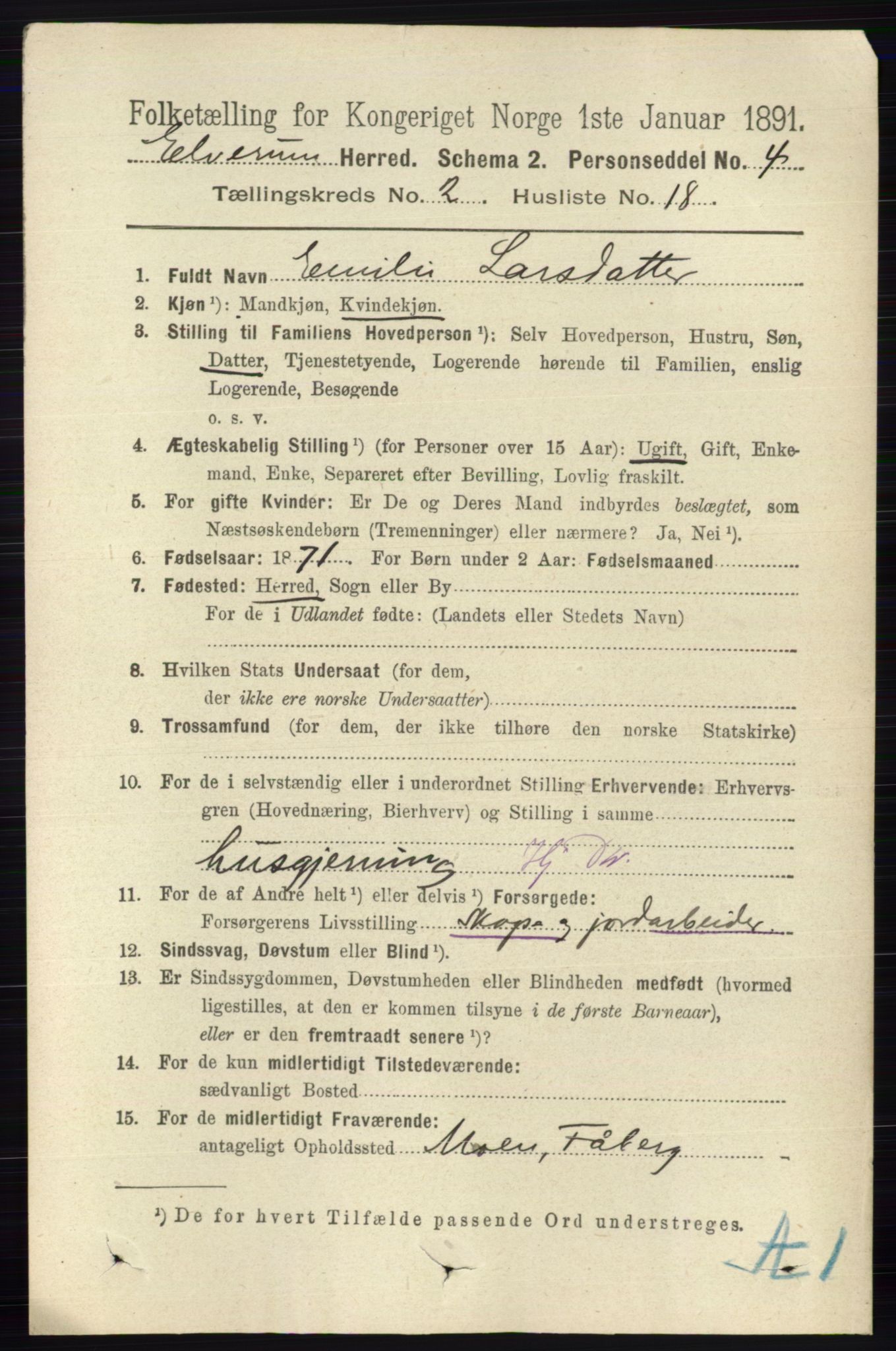 RA, 1891 census for 0427 Elverum, 1891, p. 1338