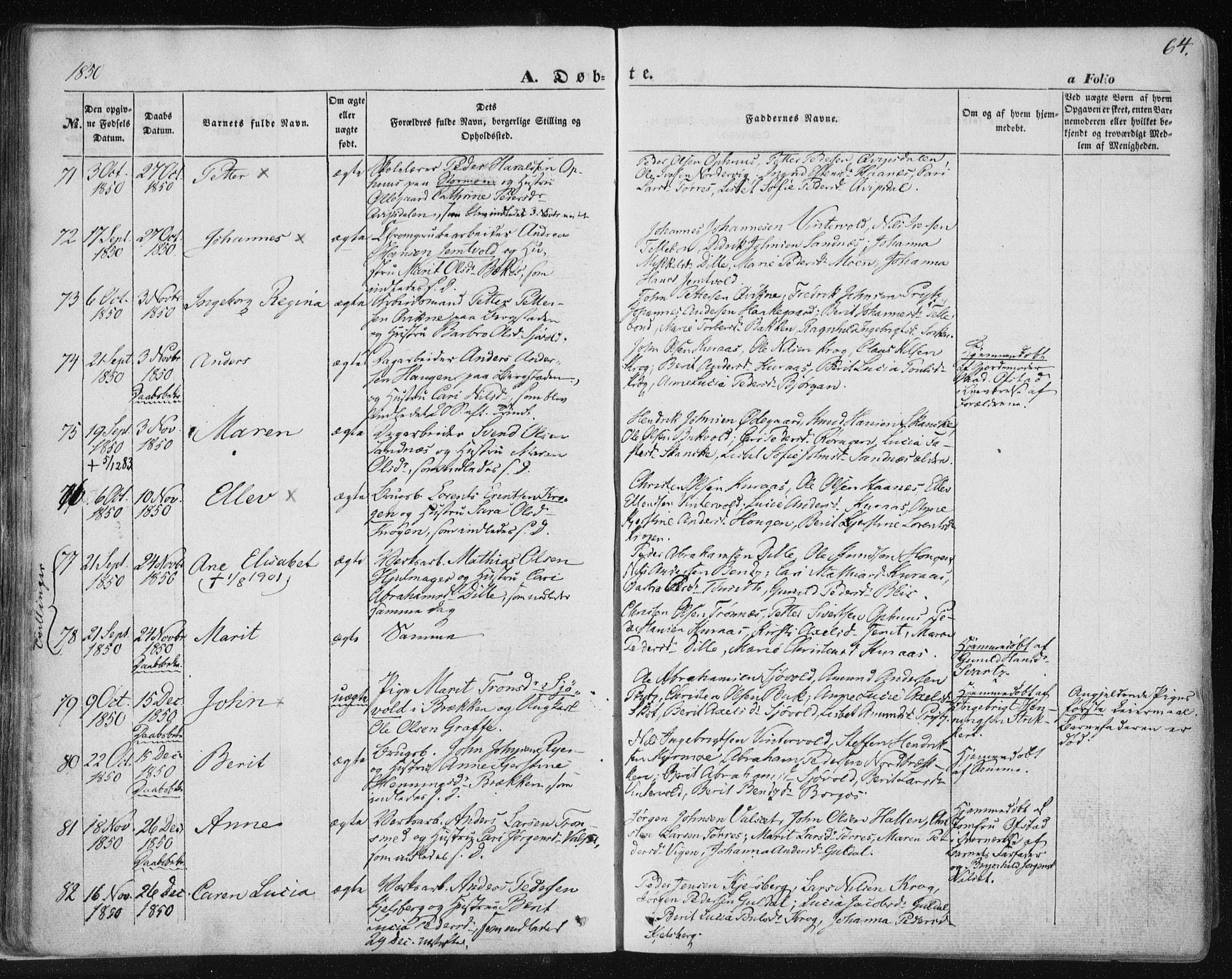 Ministerialprotokoller, klokkerbøker og fødselsregistre - Sør-Trøndelag, SAT/A-1456/681/L0931: Parish register (official) no. 681A09, 1845-1859, p. 64
