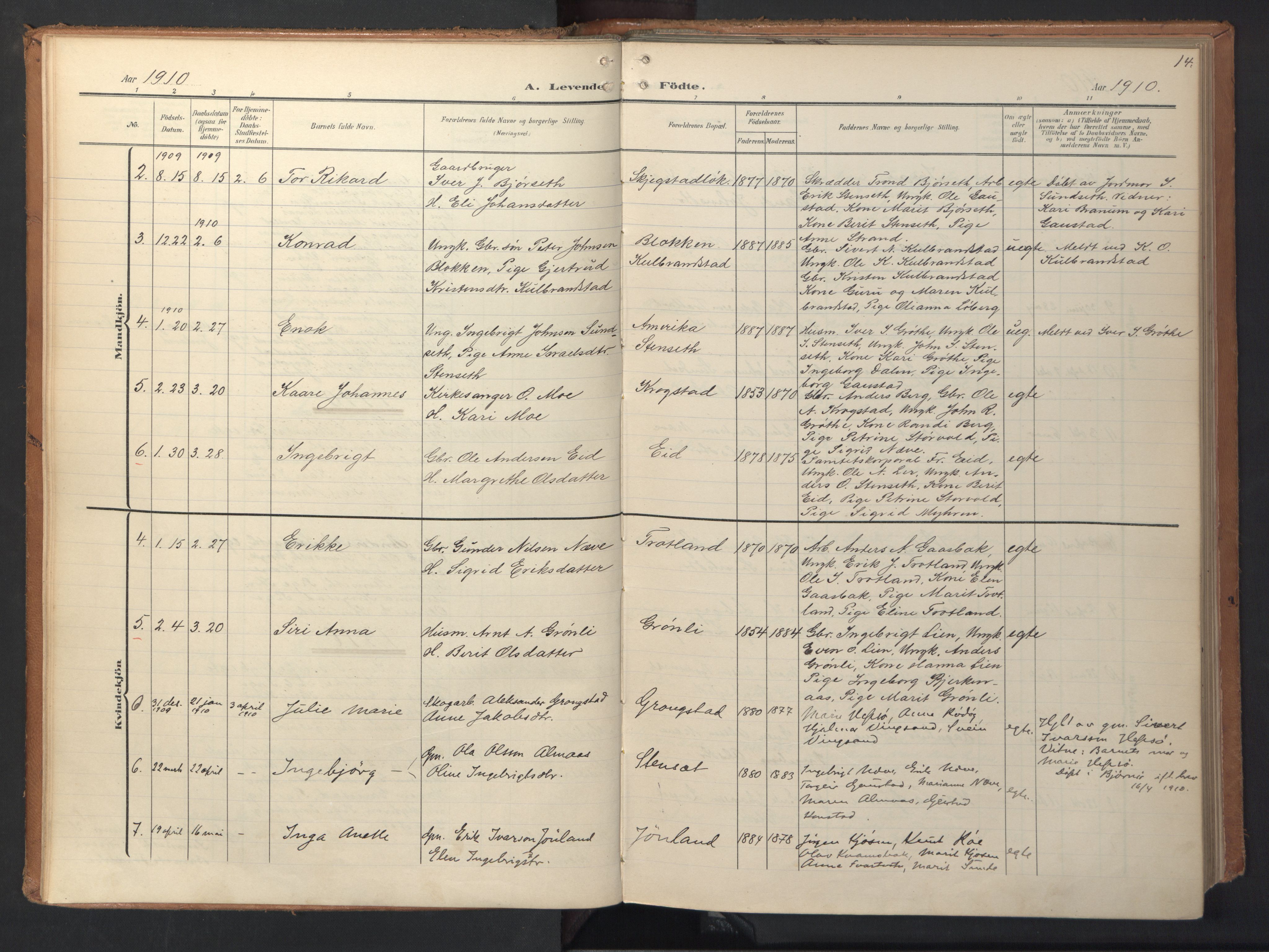 Ministerialprotokoller, klokkerbøker og fødselsregistre - Sør-Trøndelag, SAT/A-1456/694/L1128: Parish register (official) no. 694A02, 1906-1931, p. 14