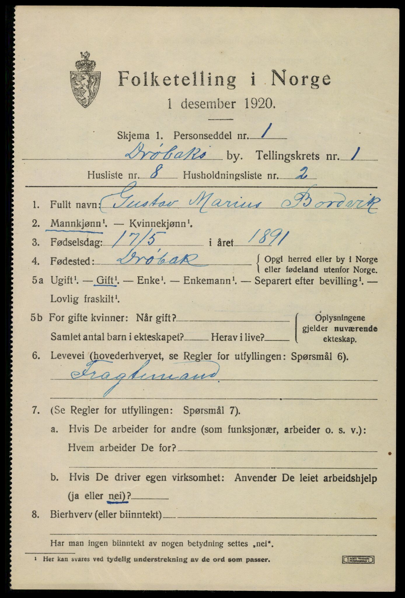 SAO, 1920 census for Drøbak, 1920, p. 2075