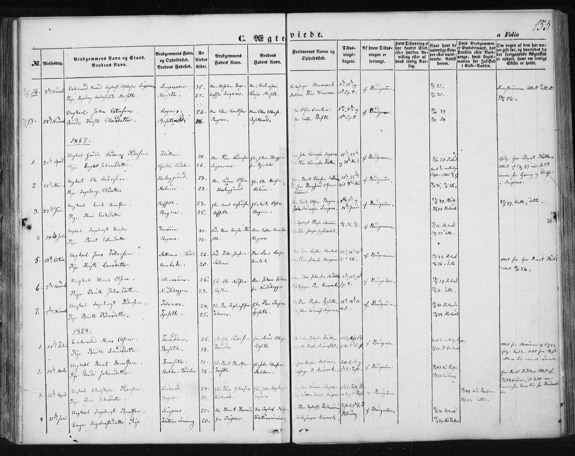 Ministerialprotokoller, klokkerbøker og fødselsregistre - Sør-Trøndelag, SAT/A-1456/685/L0964: Parish register (official) no. 685A06 /2, 1846-1859, p. 153