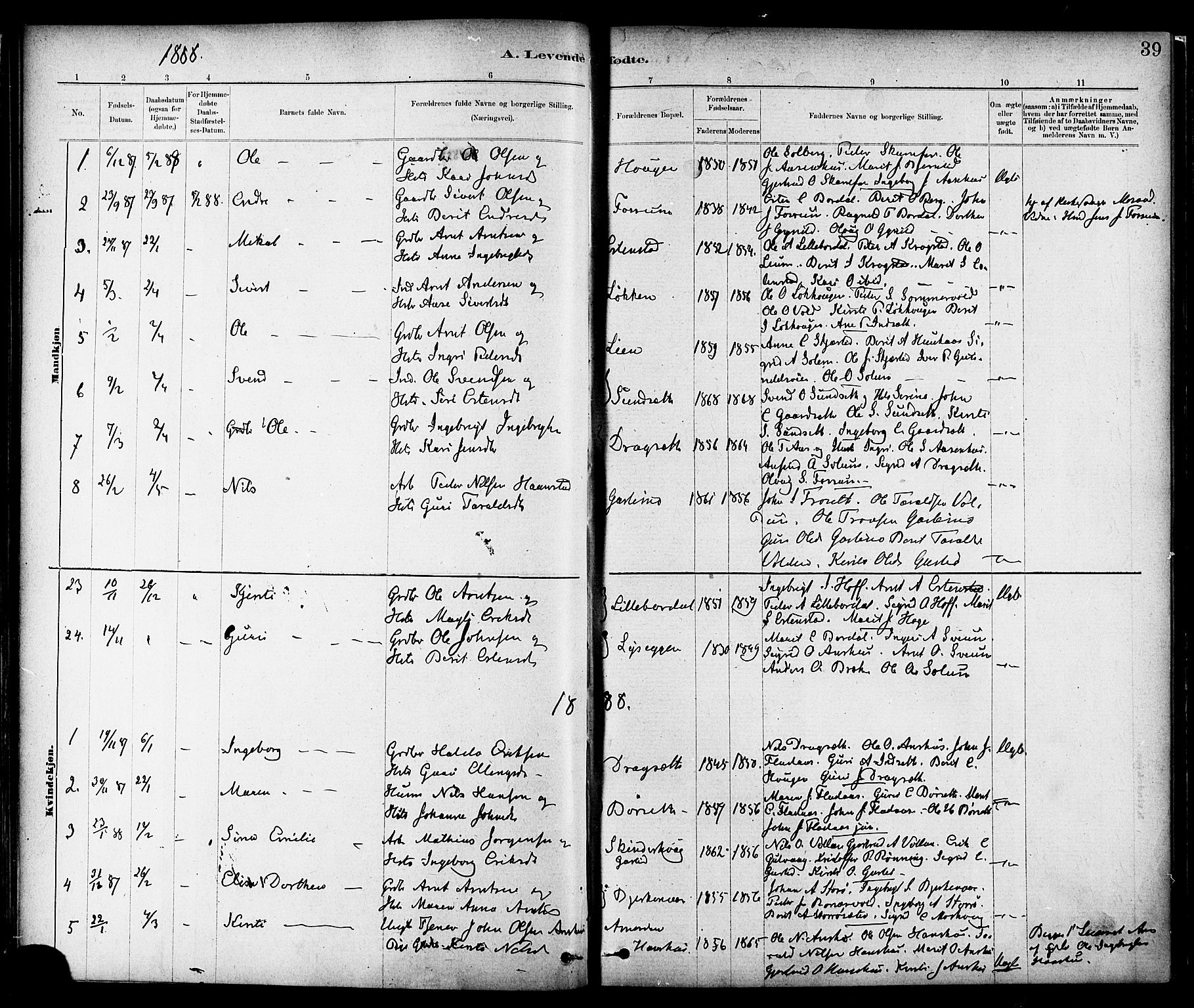 Ministerialprotokoller, klokkerbøker og fødselsregistre - Sør-Trøndelag, SAT/A-1456/689/L1040: Parish register (official) no. 689A05, 1878-1890, p. 39