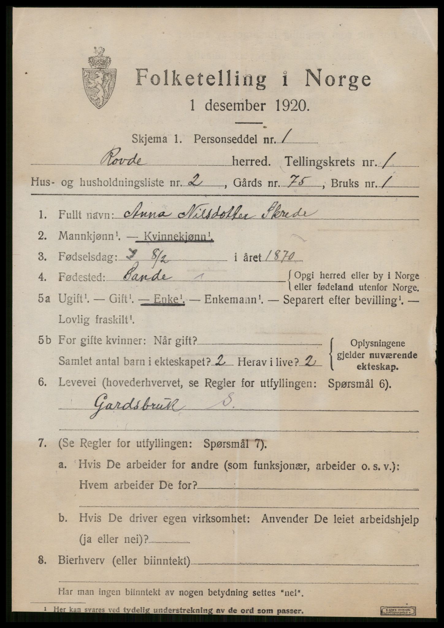 SAT, 1920 census for Rovde, 1920, p. 241