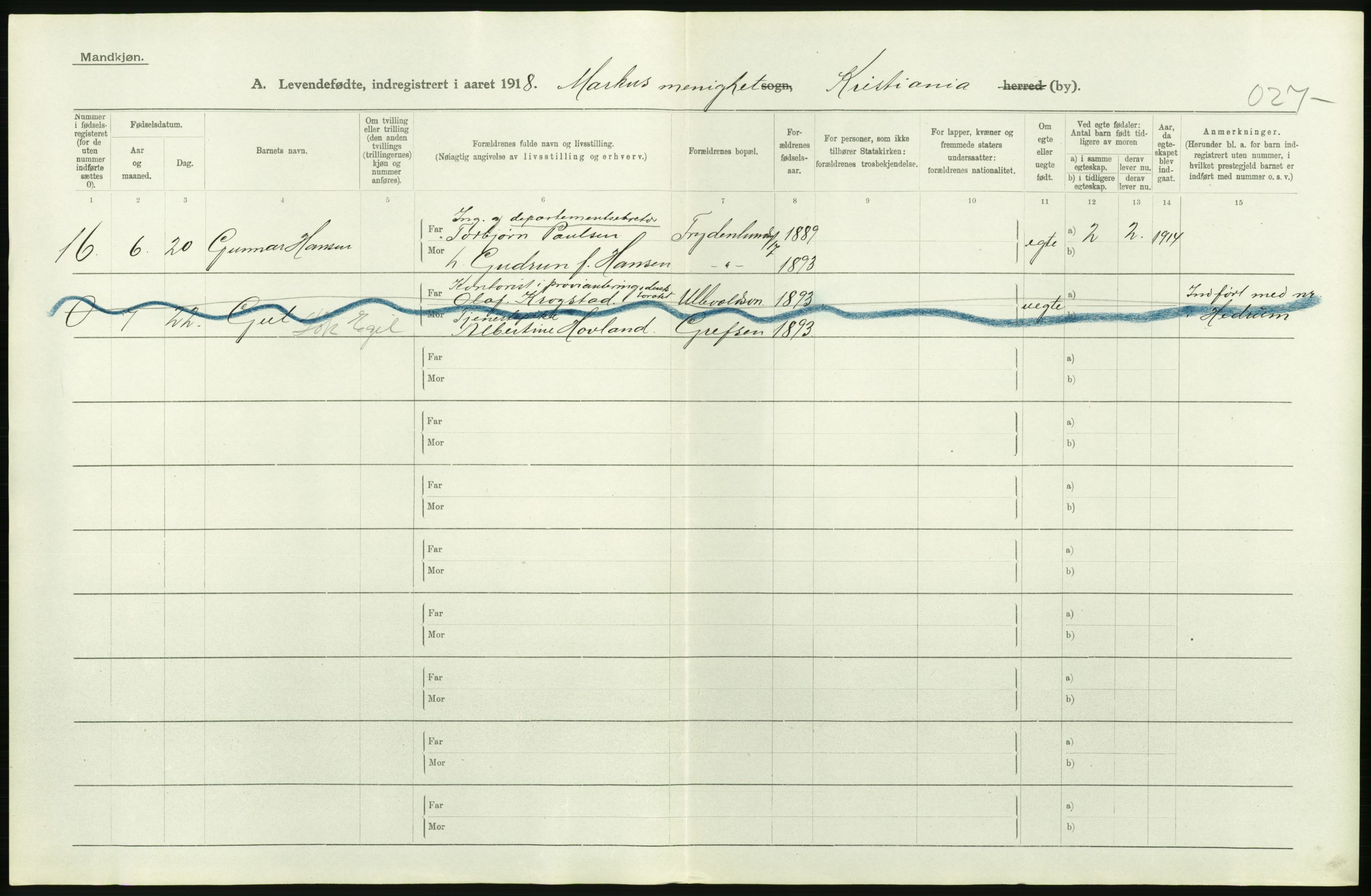 Statistisk sentralbyrå, Sosiodemografiske emner, Befolkning, AV/RA-S-2228/D/Df/Dfb/Dfbh/L0008: Kristiania: Levendefødte menn og kvinner., 1918, p. 84