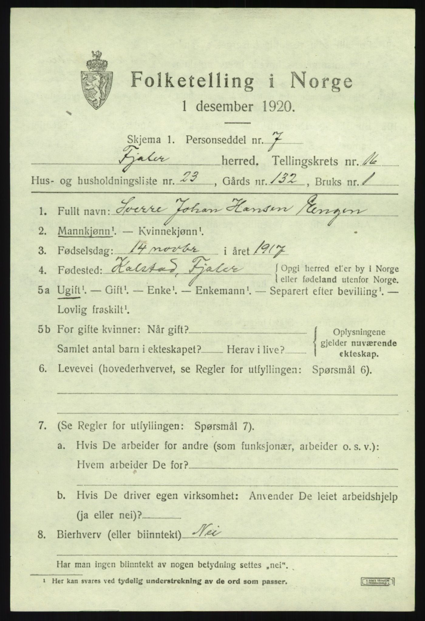 SAB, 1920 census for Fjaler, 1920, p. 8689