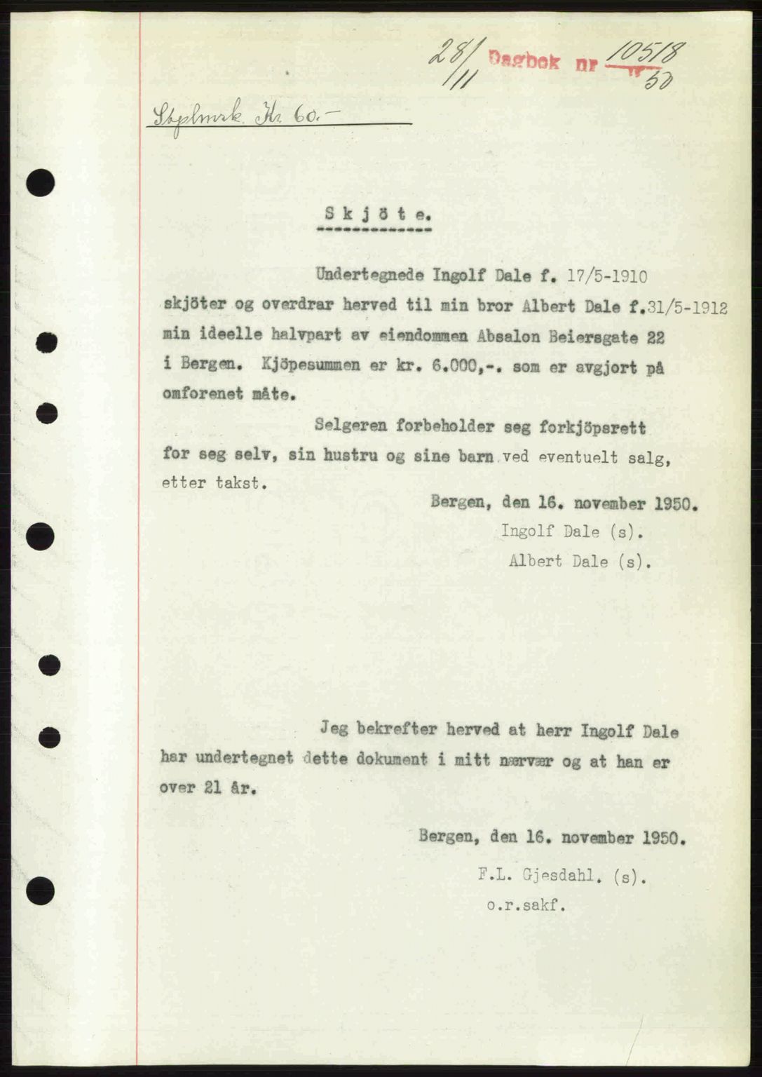 Byfogd og Byskriver i Bergen, SAB/A-3401/03/03Bc/L0034: Mortgage book no. A27-28, 1950-1950, Diary no: : 10518/1950
