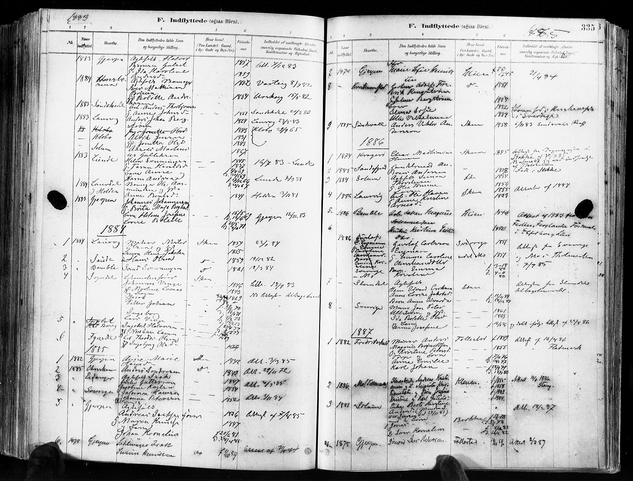 Skien kirkebøker, SAKO/A-302/F/Fa/L0009: Parish register (official) no. 9, 1878-1890, p. 335