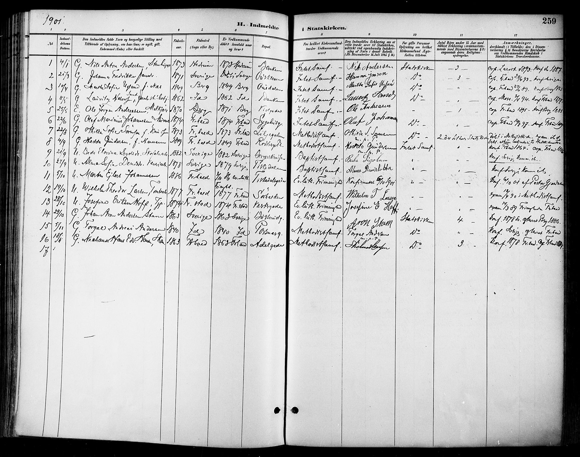 Halden prestekontor Kirkebøker, SAO/A-10909/F/Fa/L0014: Parish register (official) no. I 14, 1890-1906, p. 259