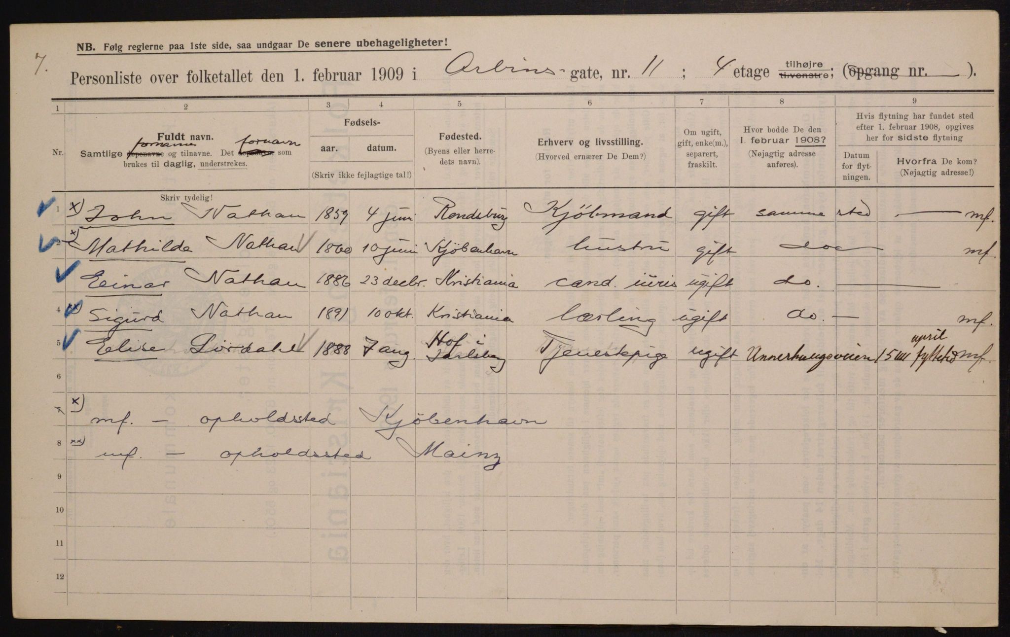 OBA, Municipal Census 1909 for Kristiania, 1909, p. 1679