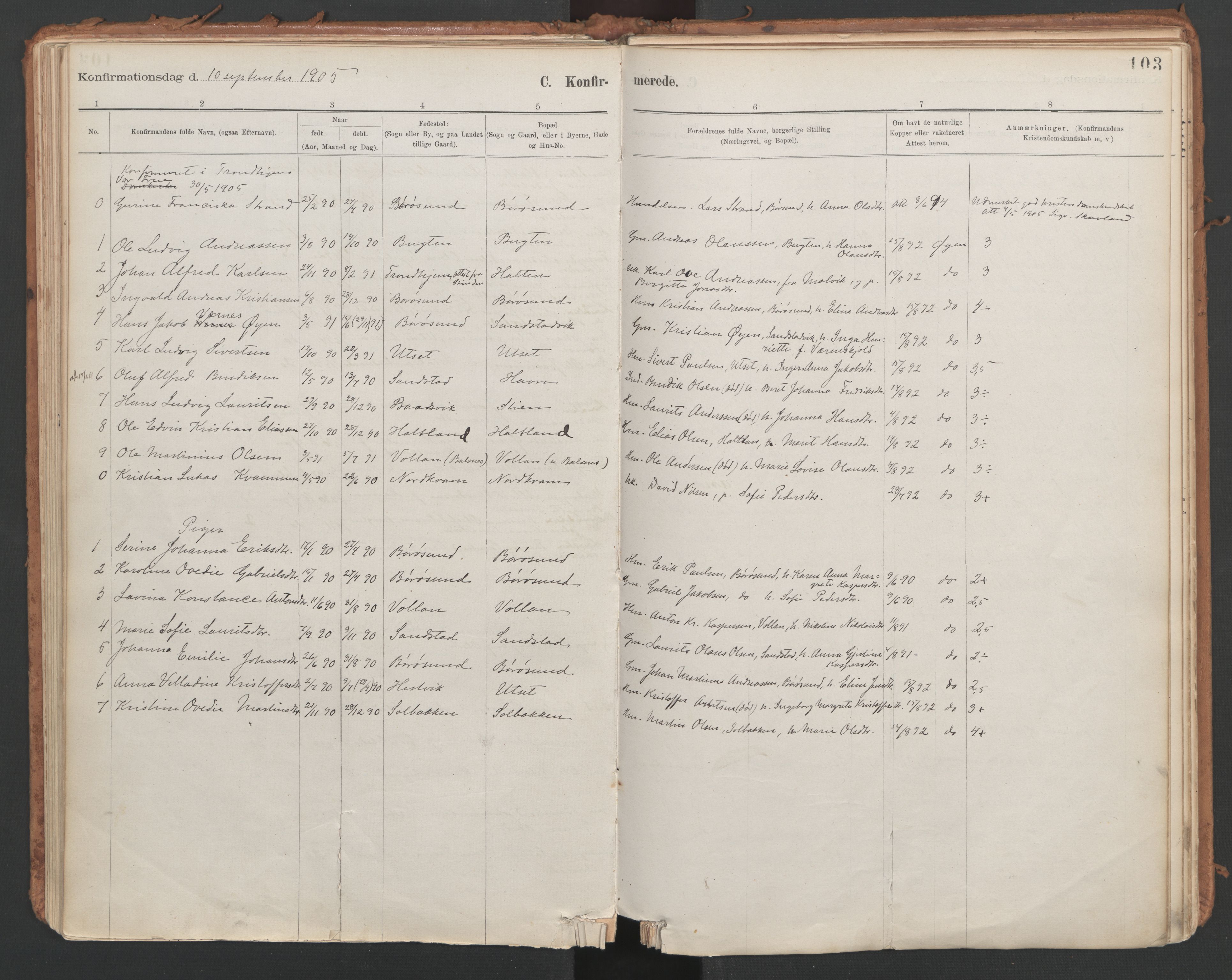 Ministerialprotokoller, klokkerbøker og fødselsregistre - Sør-Trøndelag, SAT/A-1456/639/L0572: Parish register (official) no. 639A01, 1890-1920, p. 103