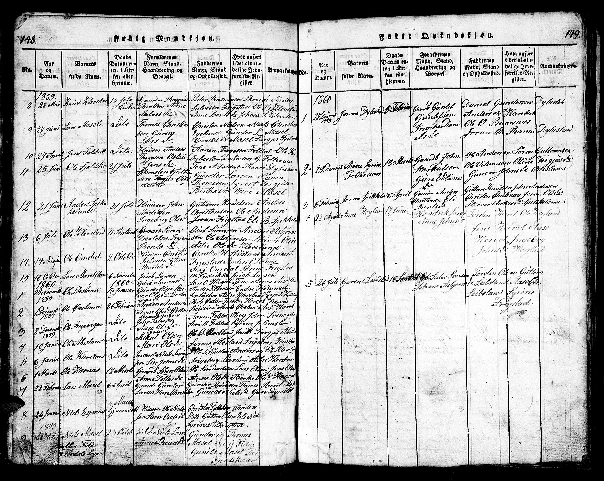Bjelland sokneprestkontor, SAK/1111-0005/F/Fb/Fbb/L0003: Parish register (copy) no. B 3, 1816-1868, p. 148-149