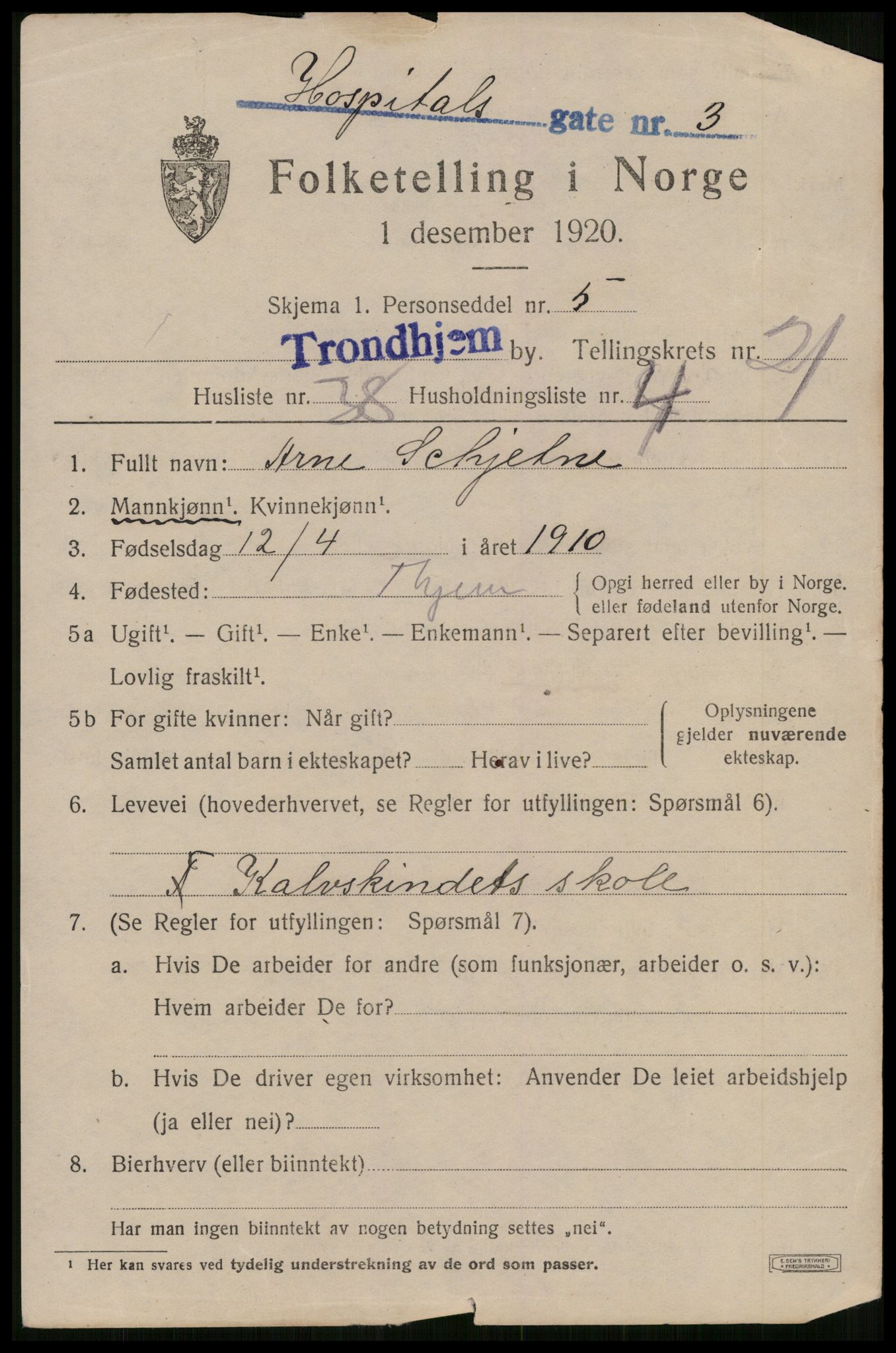 SAT, 1920 census for Trondheim, 1920, p. 62398