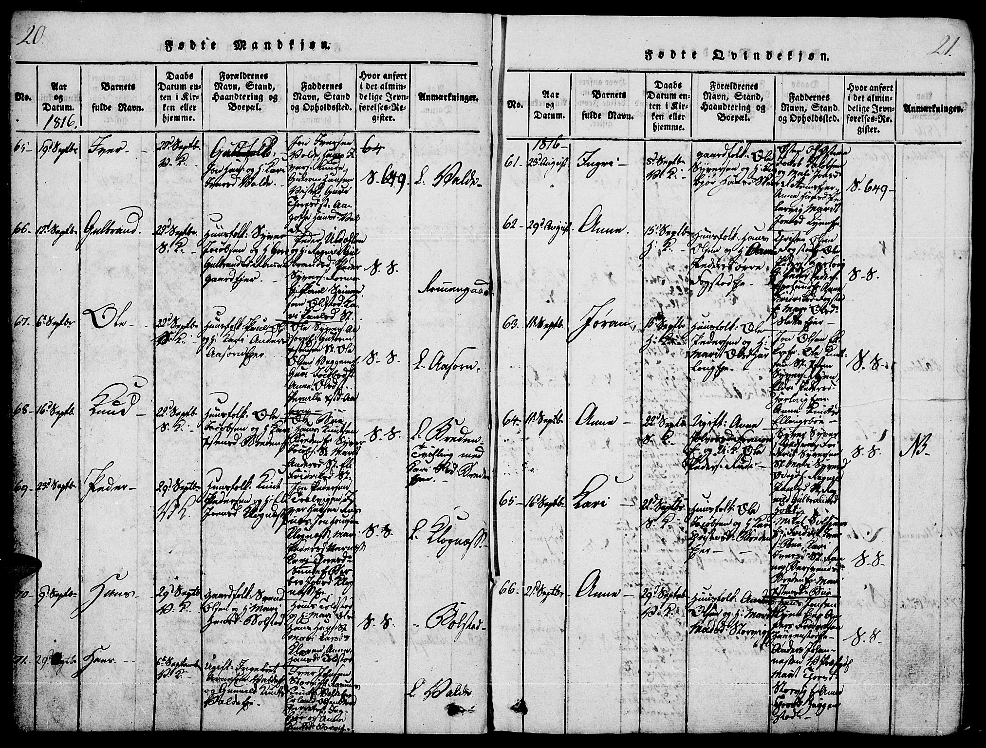 Vågå prestekontor, AV/SAH-PREST-076/H/Ha/Haa/L0003: Parish register (official) no. 3, 1815-1827, p. 20-21