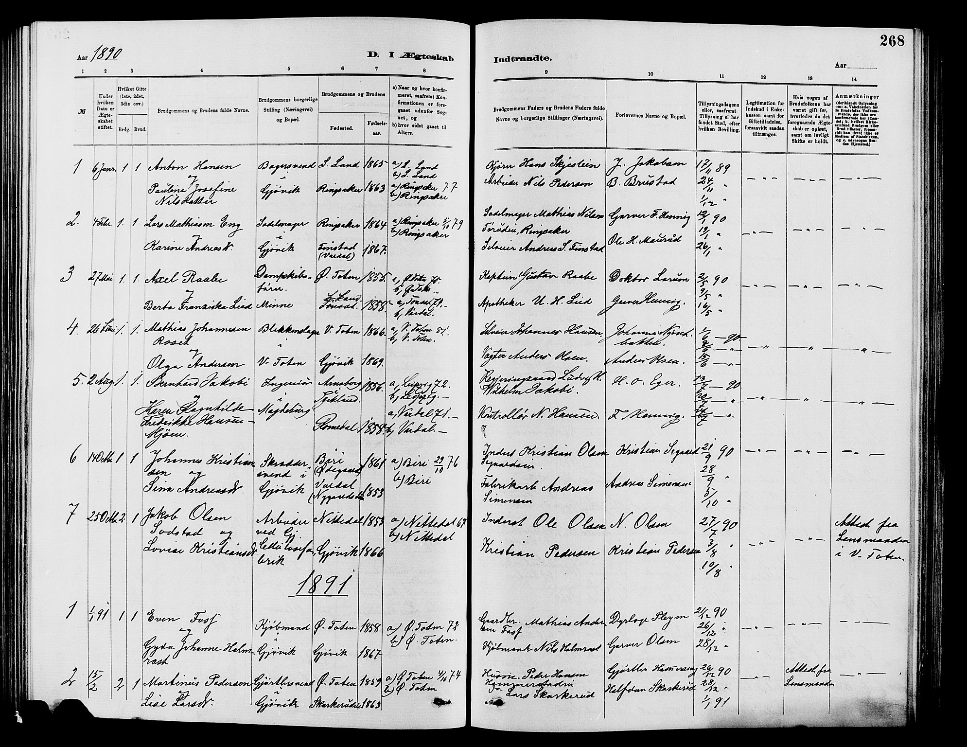 Vardal prestekontor, SAH/PREST-100/H/Ha/Hab/L0007: Parish register (copy) no. 7 /2, 1881-1895, p. 268