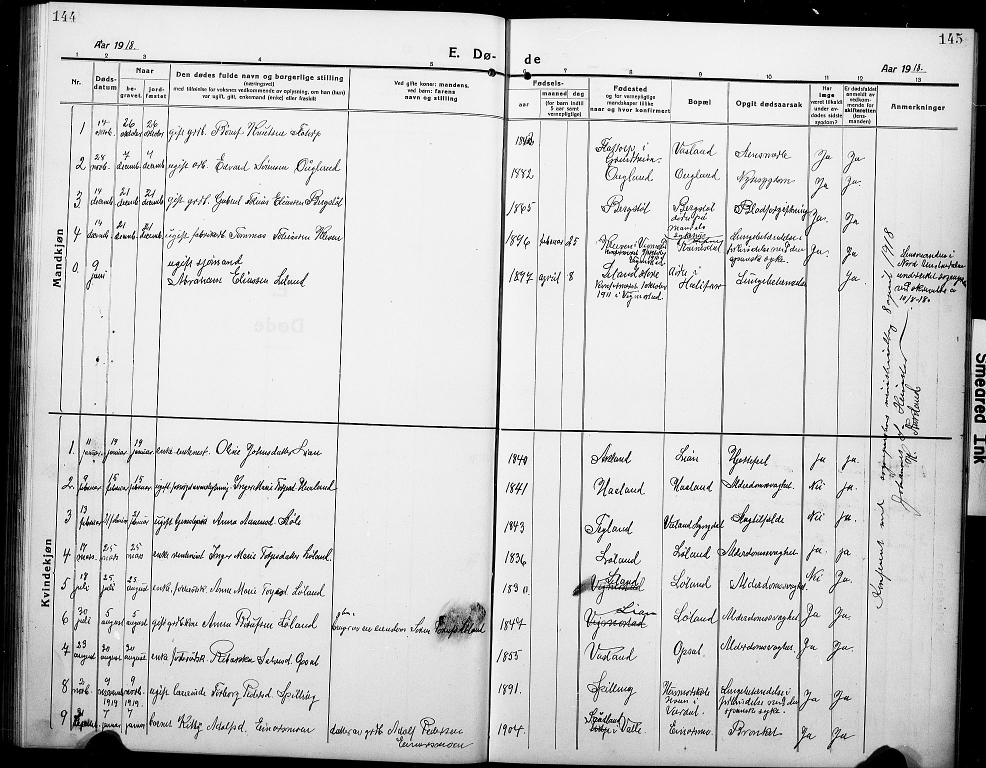 Nord-Audnedal sokneprestkontor, AV/SAK-1111-0032/F/Fb/Fbb/L0005: Parish register (copy) no. B 5, 1918-1929, p. 144-145