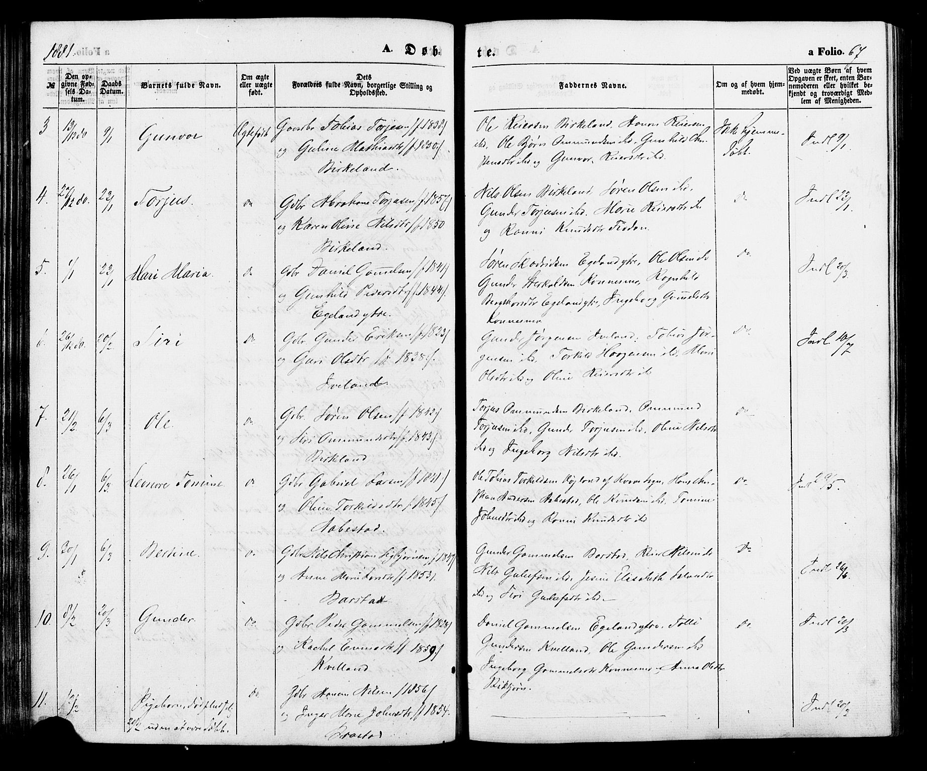 Nord-Audnedal sokneprestkontor, SAK/1111-0032/F/Fa/Faa/L0002: Parish register (official) no. A 2, 1857-1882, p. 67
